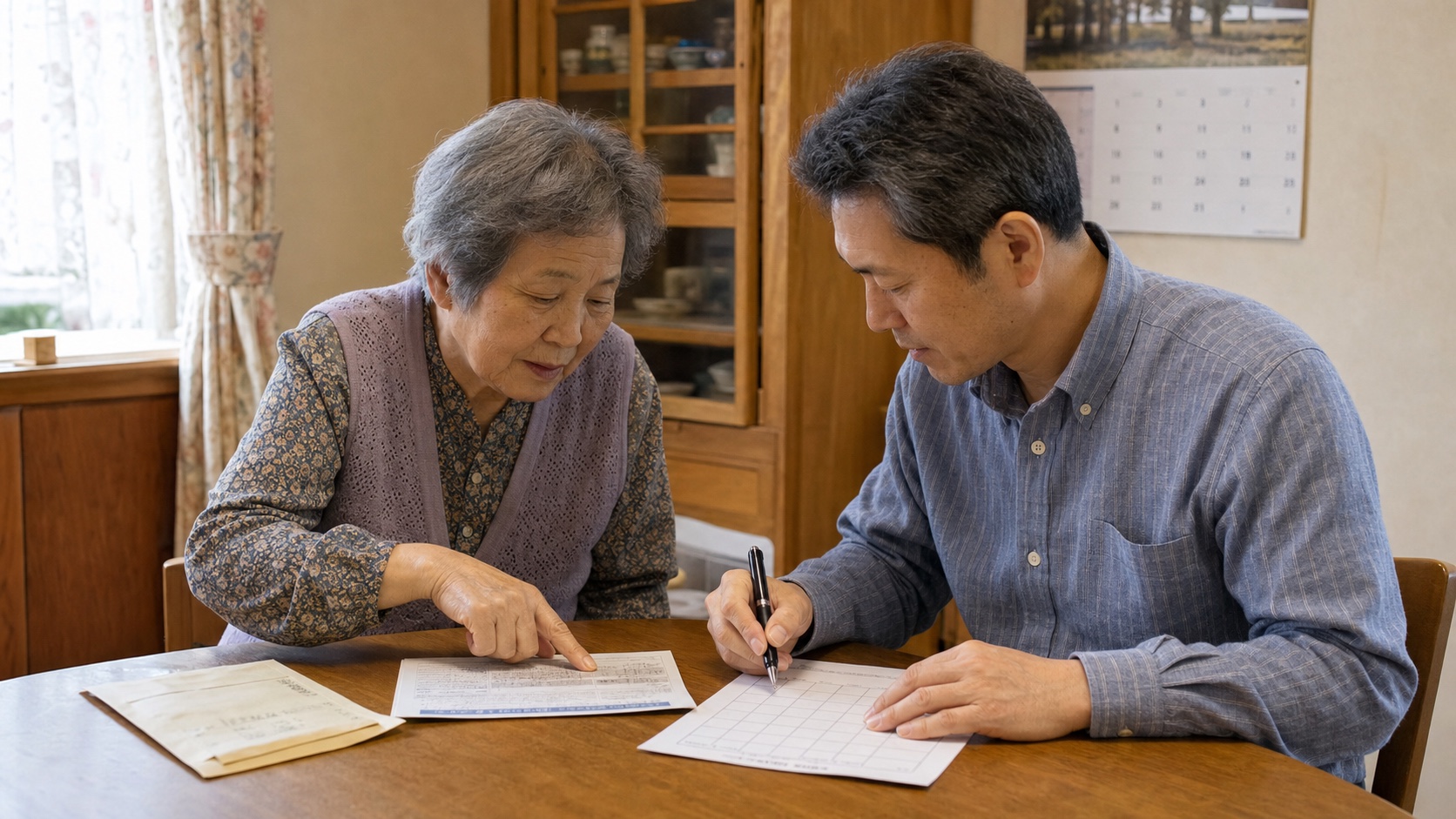 固定資産税の通知書と年間表を一緒に確認する母と息子