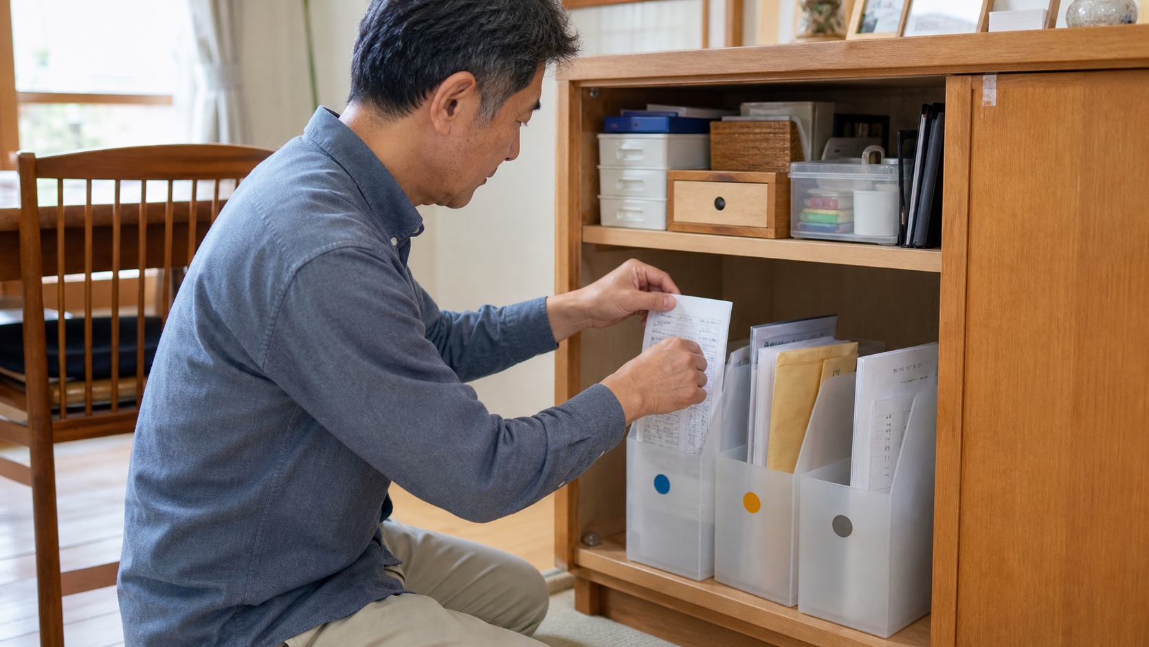 親の家の書類を毎月・年一回・臨時の三つのファイルへ分ける50代後半の男性
