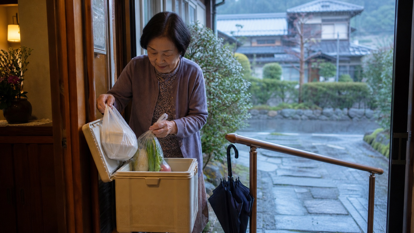 家族が訪問できない雨の日に配食と買い物を受け取る高齢の母