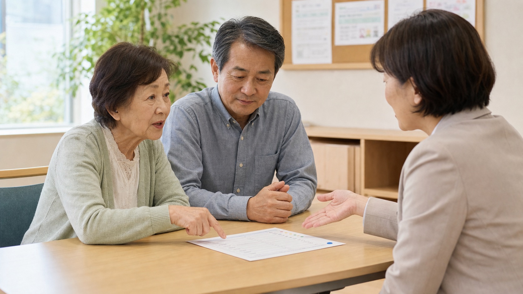 役割分担表の代わりがいない項目を専門職へ相談する母と息子