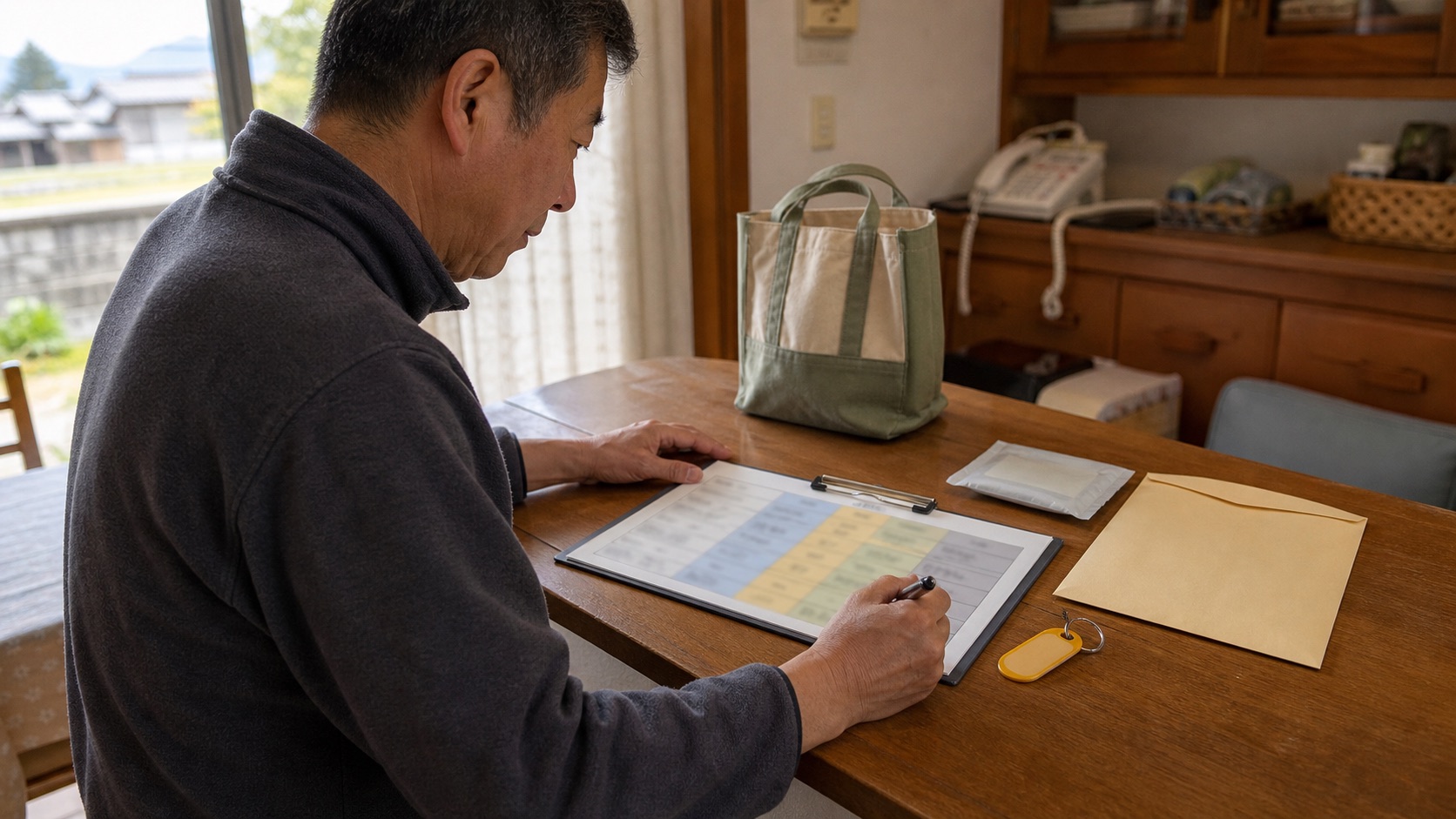 主担当・代替・家族外の相談先・未決定を四つの欄に整理する50代後半の男性