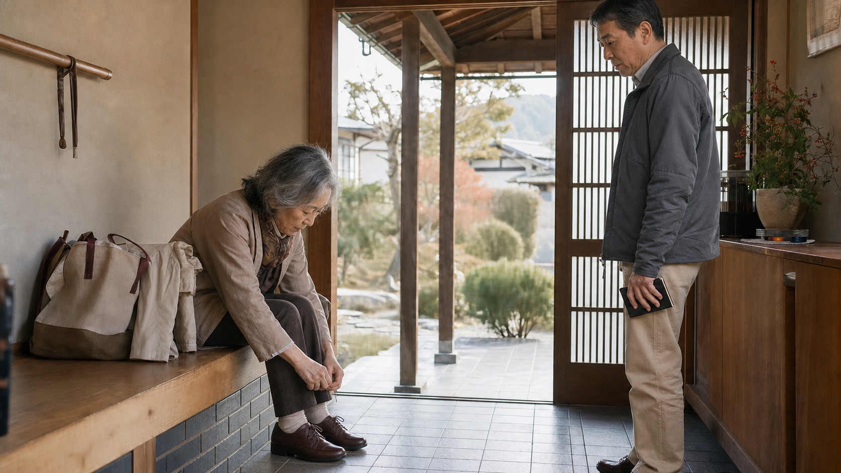 外出の支度に以前より時間がかかる母の様子を急かさず見守る50代後半の息子
