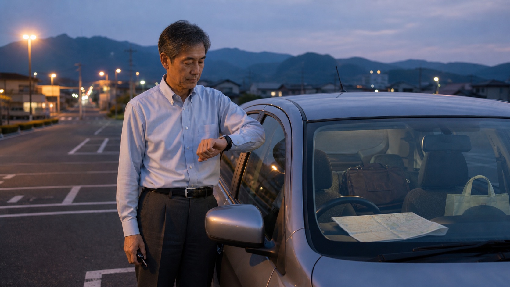 仕事後に実家までの移動時間を考えながら会社の駐車場で腕時計を見る50代後半の男性