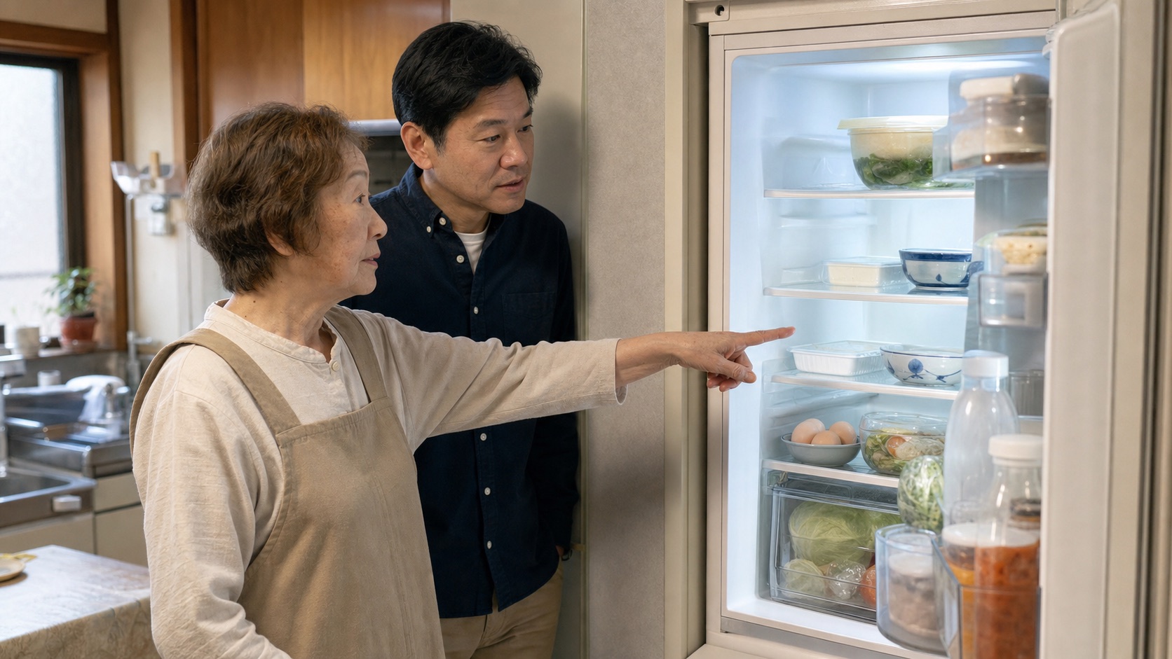 買い物支援が今も合っているか冷蔵庫の残り方を母と息子で確かめる