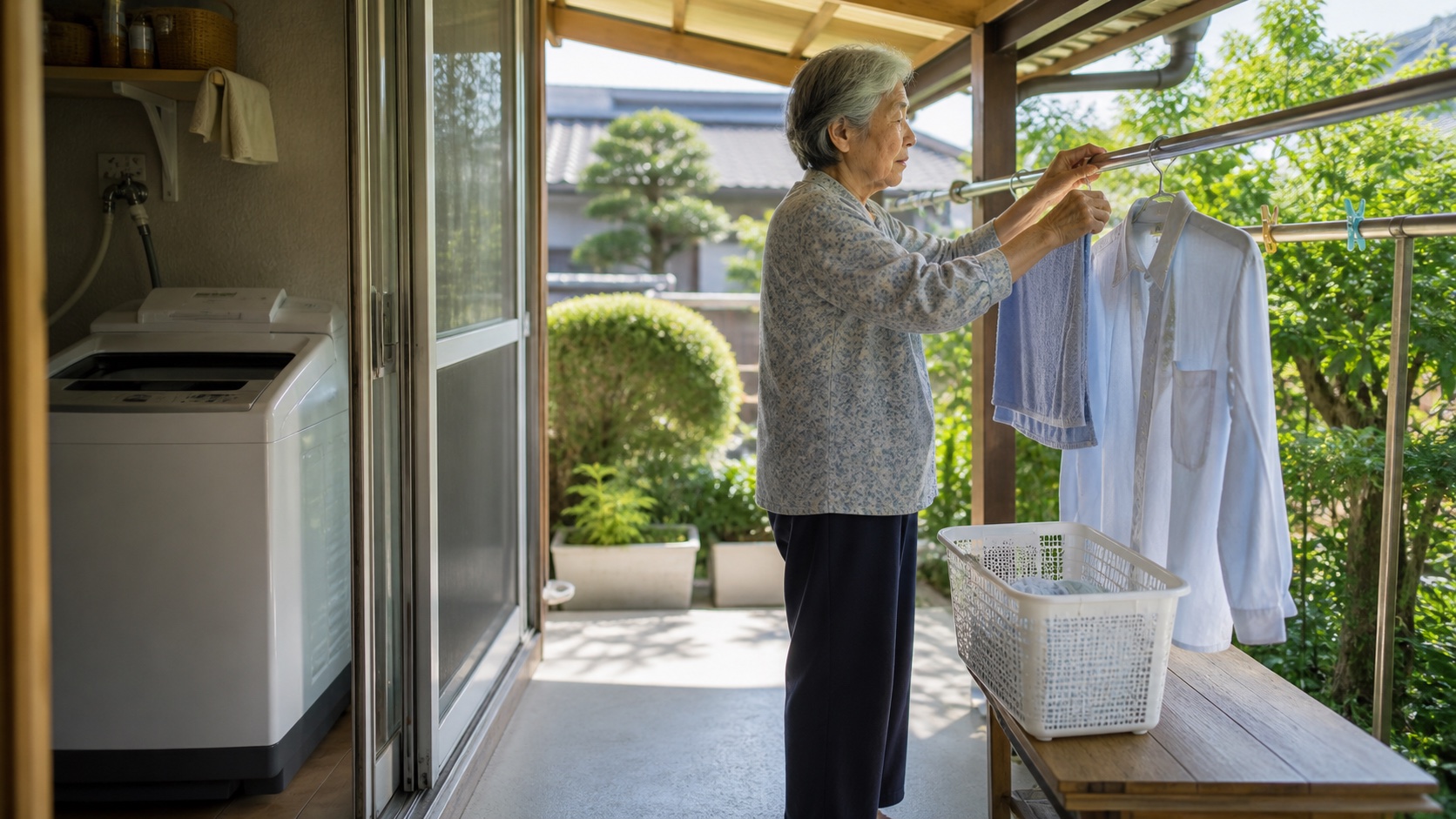 平屋の離れで洗濯物を干し、今までの家事の役割を続ける母