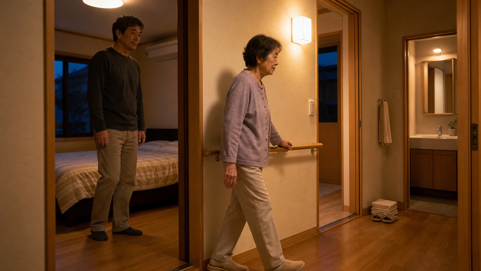 寝室から洗面所までの短い夜の動線を自分のペースで確かめる母