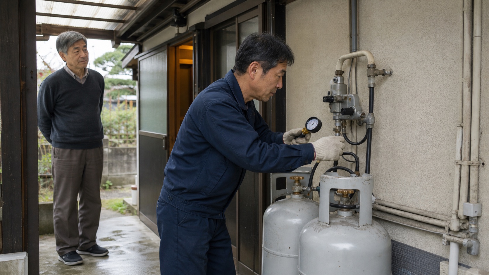 実家のLPガス設備を点検する契約先の担当者と見守る50代後半の男性