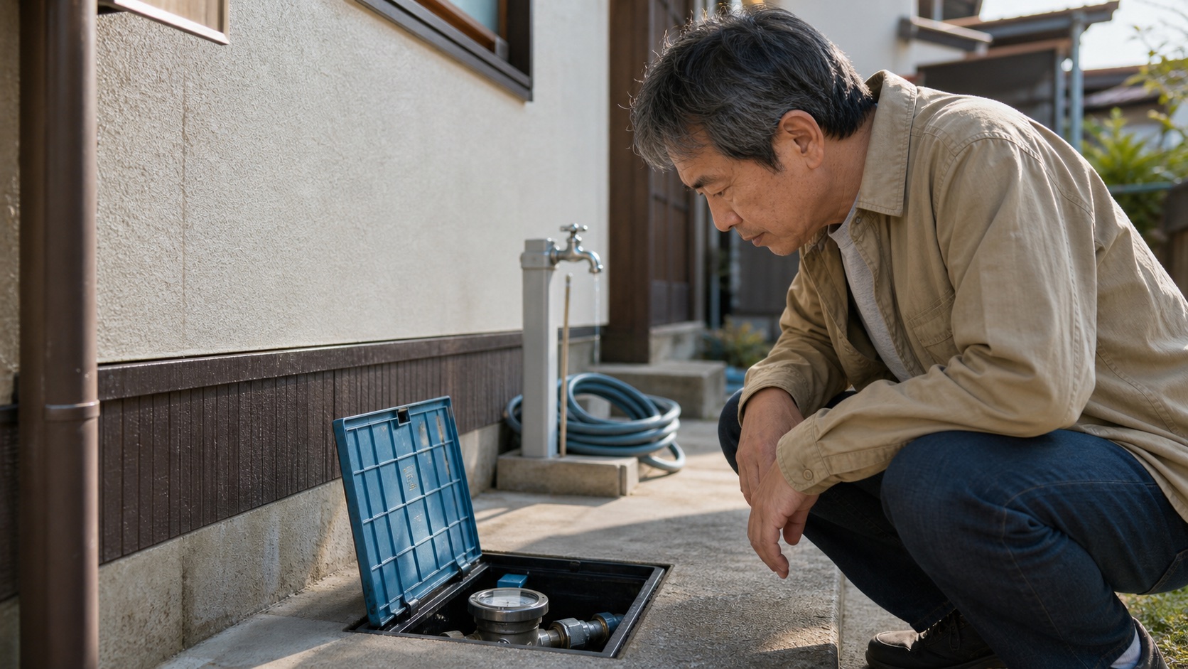実家の水道メーターを見て使用していない間の異常を確認する50代後半の男性