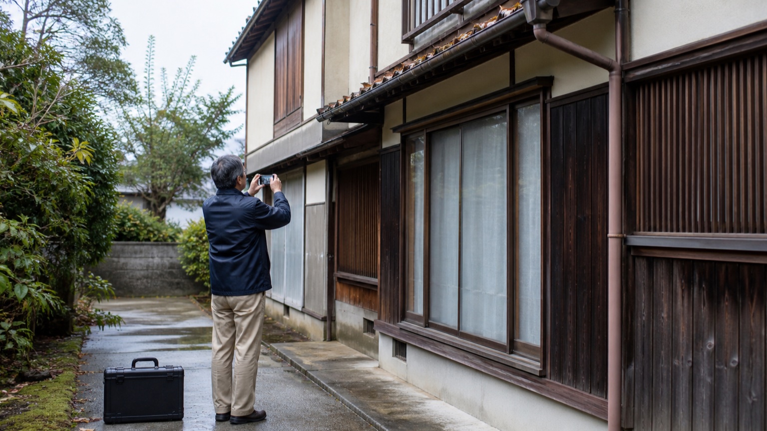 実家の雨どいを安全な距離から撮影して変化を記録する50代後半の男性