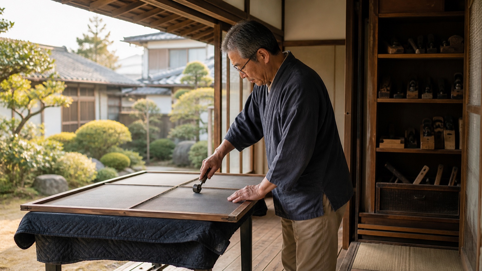 実家の低い窓で網戸を直し高所作業はしない50代後半の男性