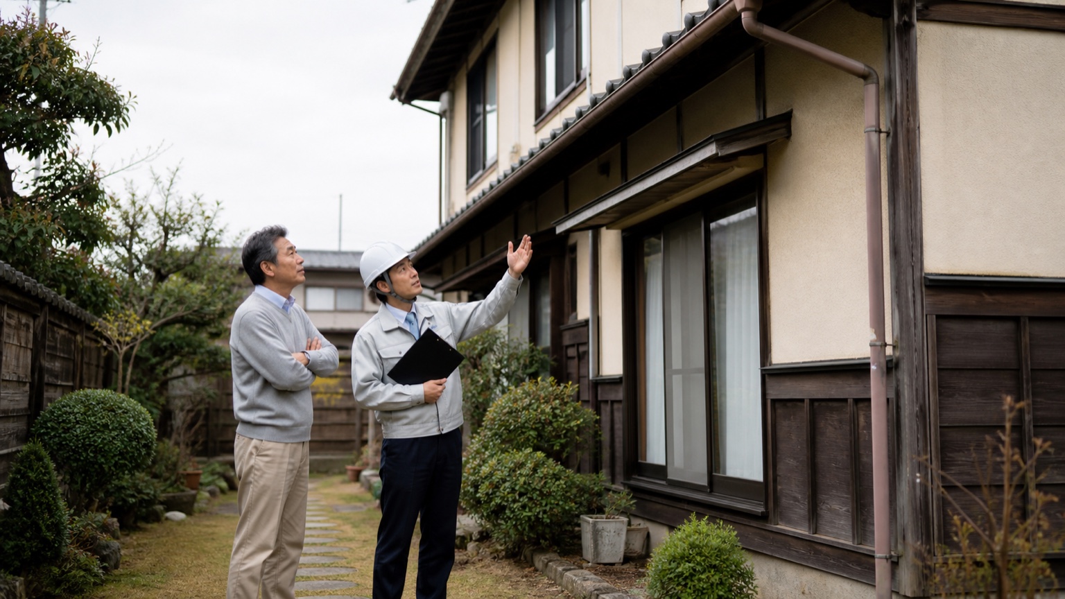 実家の修繕範囲を地上から確認する50代後半の男性と住宅修繕の担当者
