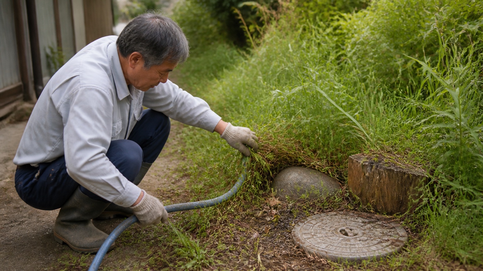 草に隠れた石・切り株・排水口・ホースを事前に確認する50代後半の男性