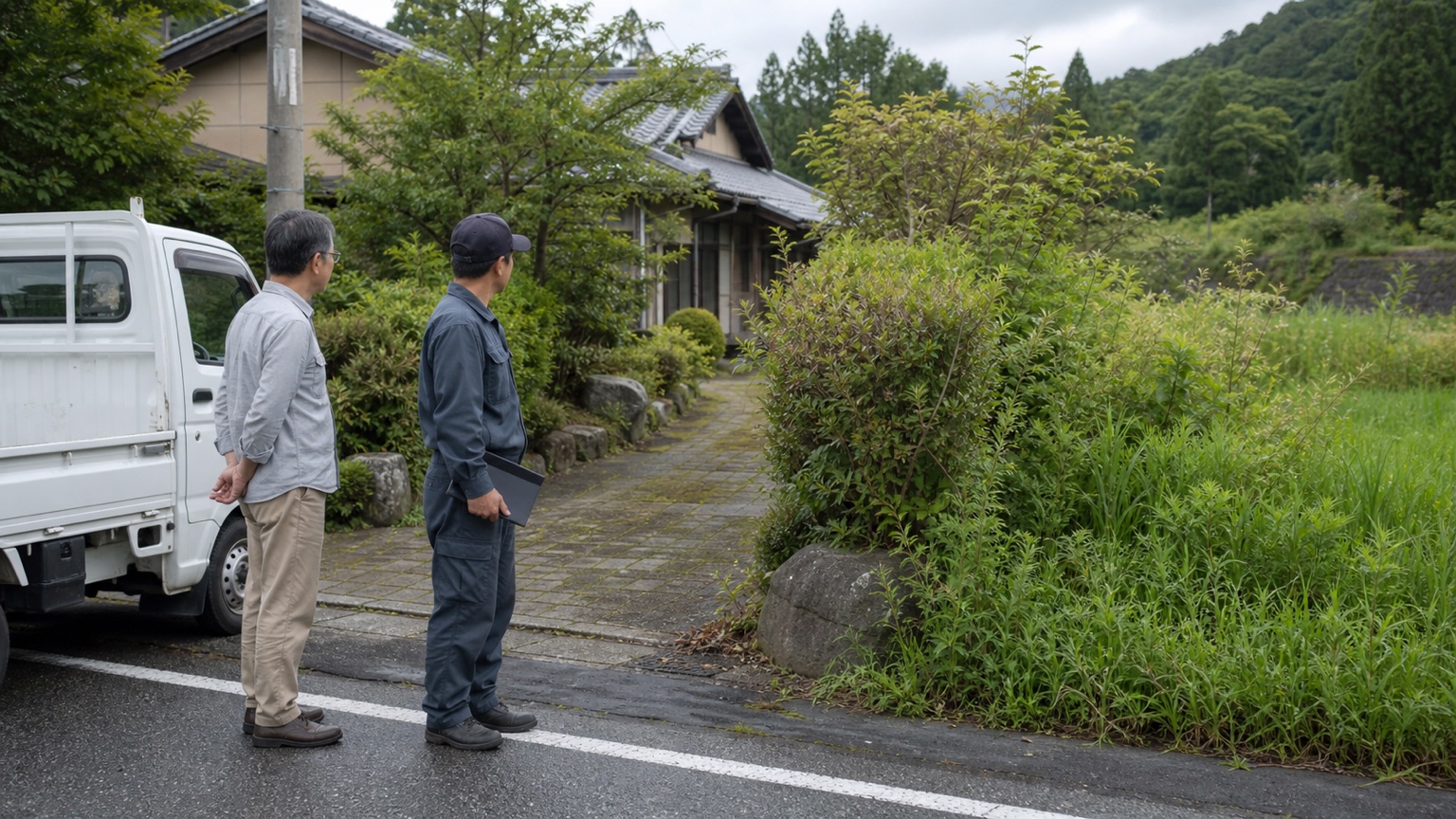 実家の道路側で草刈りの依頼範囲を確認する50代後半の男性と業者担当者