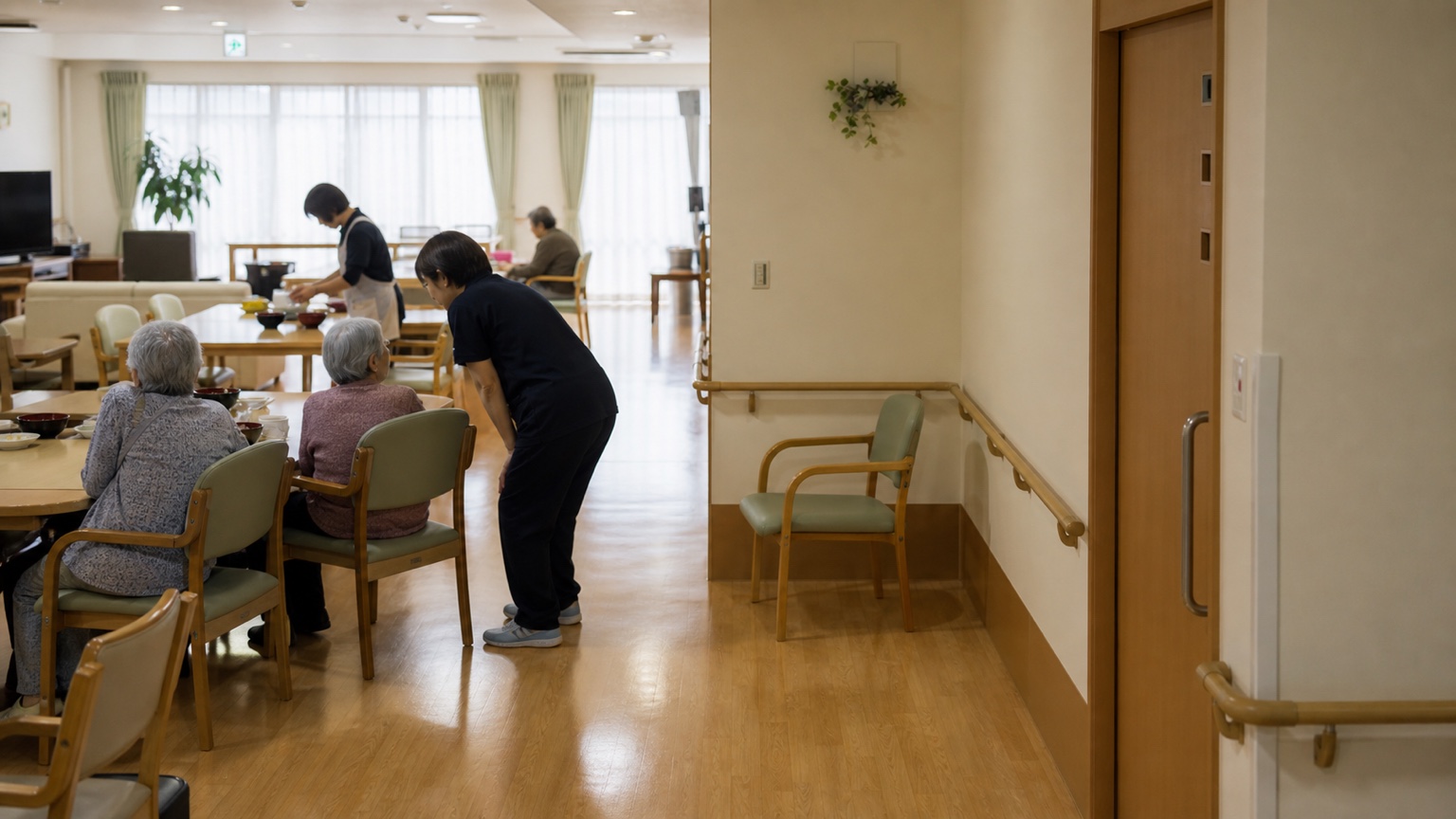 食事前の共用室で入居者へ声をかける職員と、居室から続く手すり付きの廊下