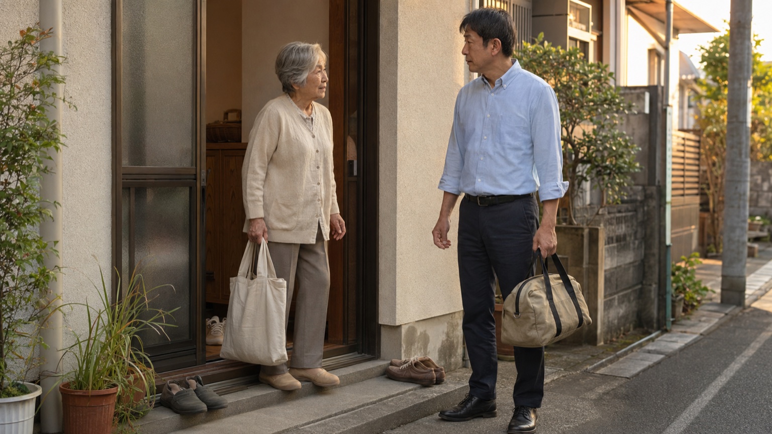退院付き添いの前に職場で次の連絡時点を短く共有する50代後半の会社員
