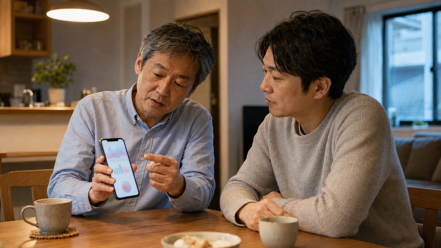 医療記録アプリの見方を家族に説明する50代後半の男性