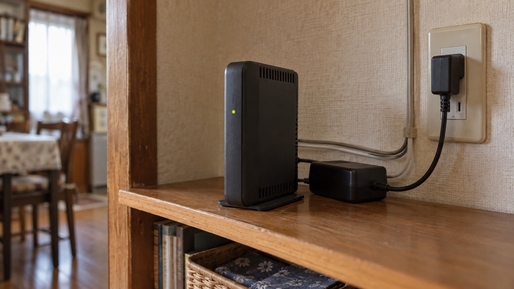 家庭内の棚に置かれたWi-Fiルーターと電源。見守りカメラを止めずに使うための通信環境を表す
