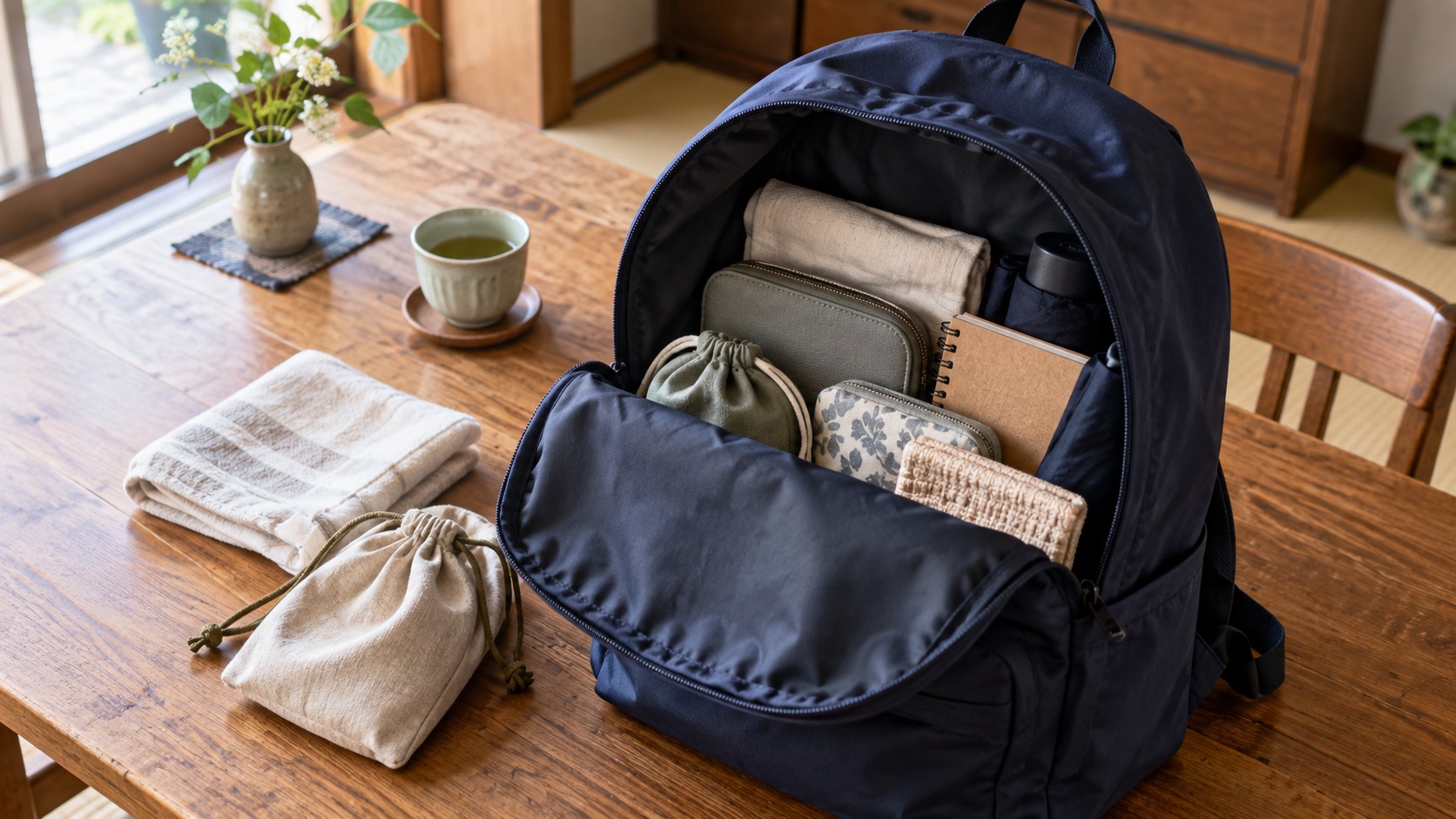 日常使いのリュックと小さなポーチを机に広げ、持ち物を見直す準備