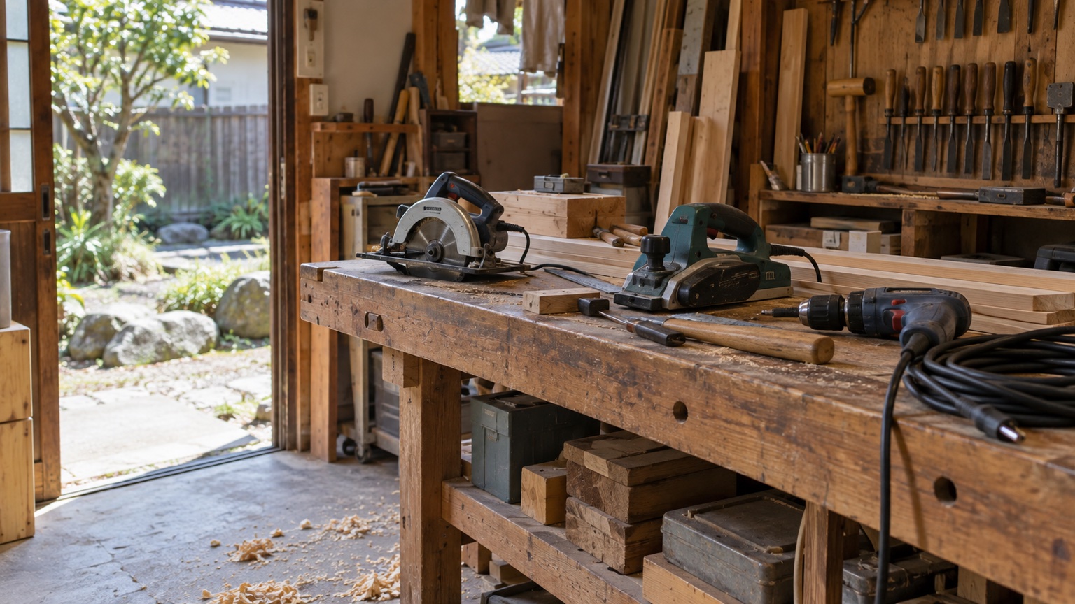 実家の敷地にある木造の作業小屋と使い込まれた大工道具