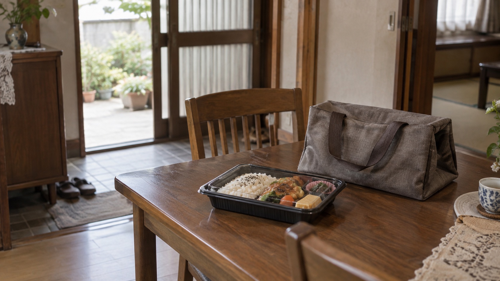 玄関先に届けられた配食の弁当箱