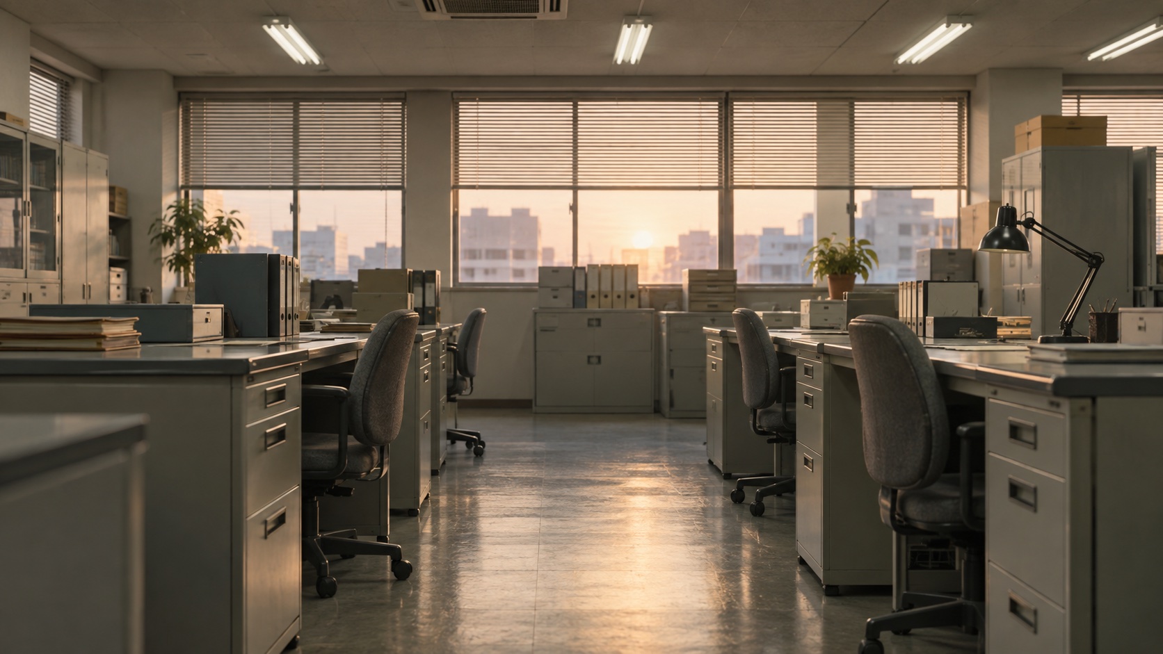 事務机が向かい合って並ぶ、夕方の誰もいない昔の事務所