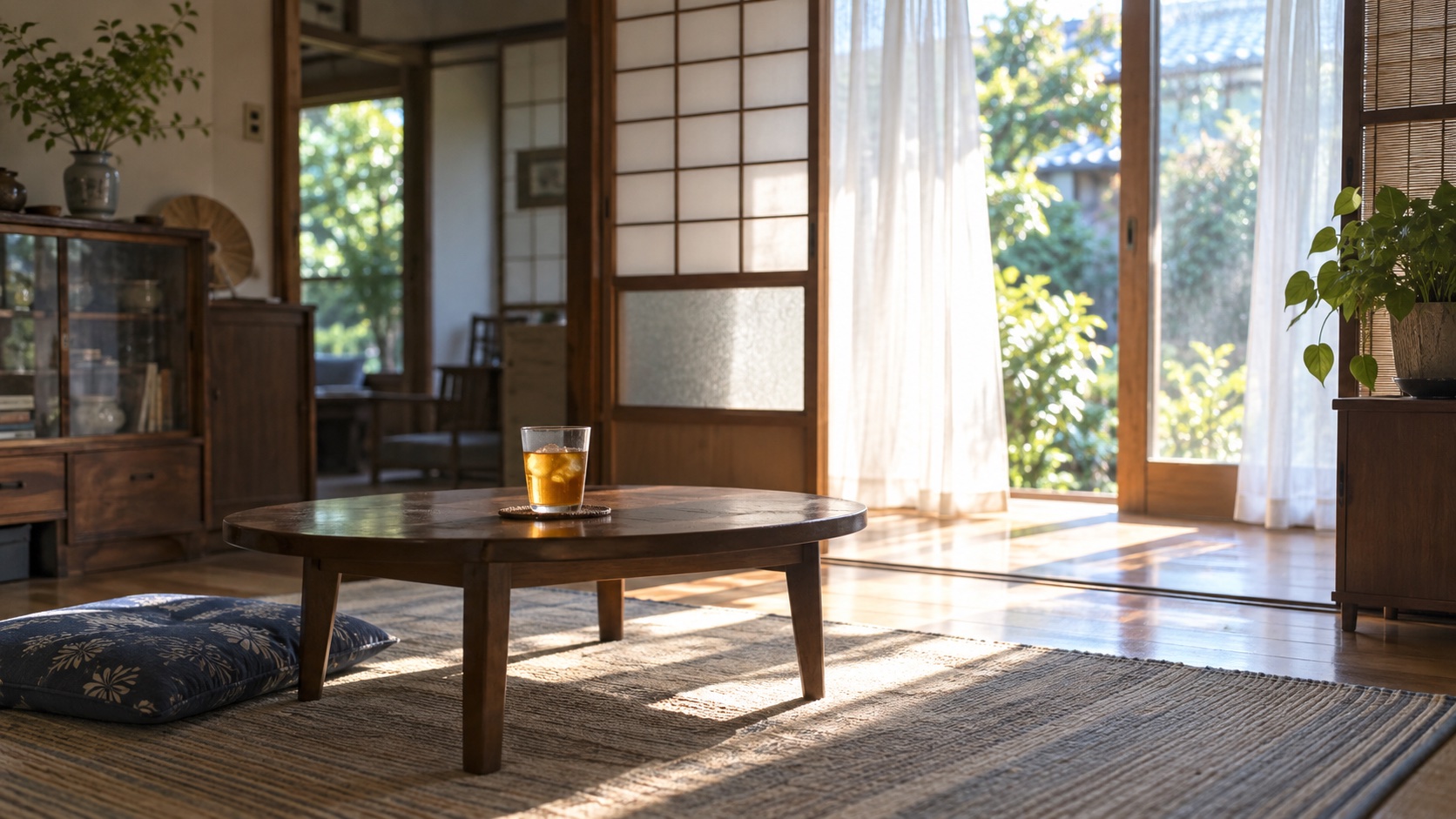 冷房が効いた夏の居間で、ちゃぶ台に麦茶のグラスが置かれた様子