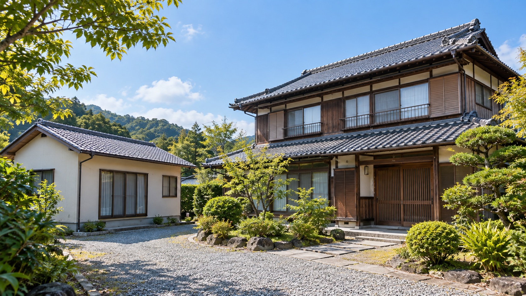 夏の午後、瓦屋根の母屋と平屋の離れが並ぶ実家の外観