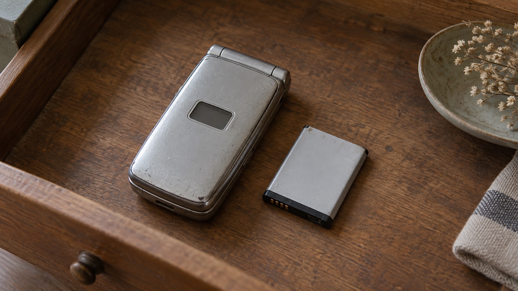 使い込んだ古い折りたたみ式の携帯電話と、取り外した電池