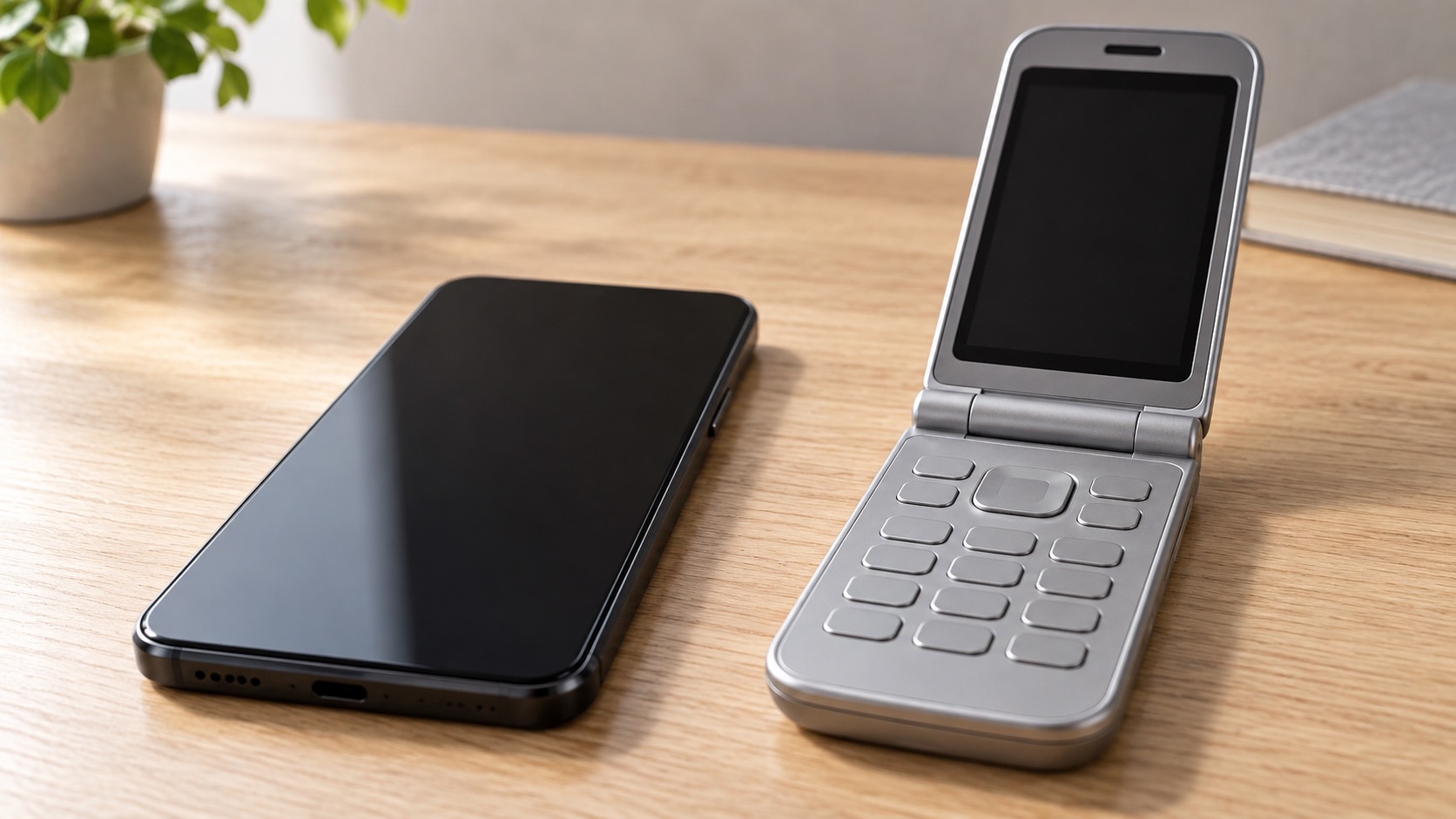 平らなガラス面のスマートフォンと、押して分かるボタンの携帯電話