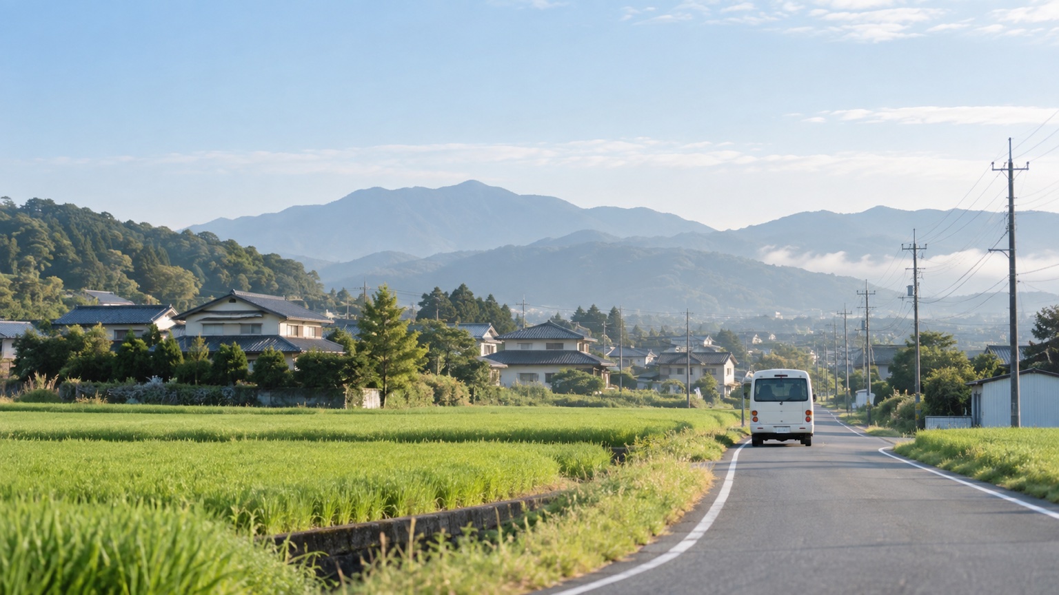 朝の田舎道を走る小さなバス