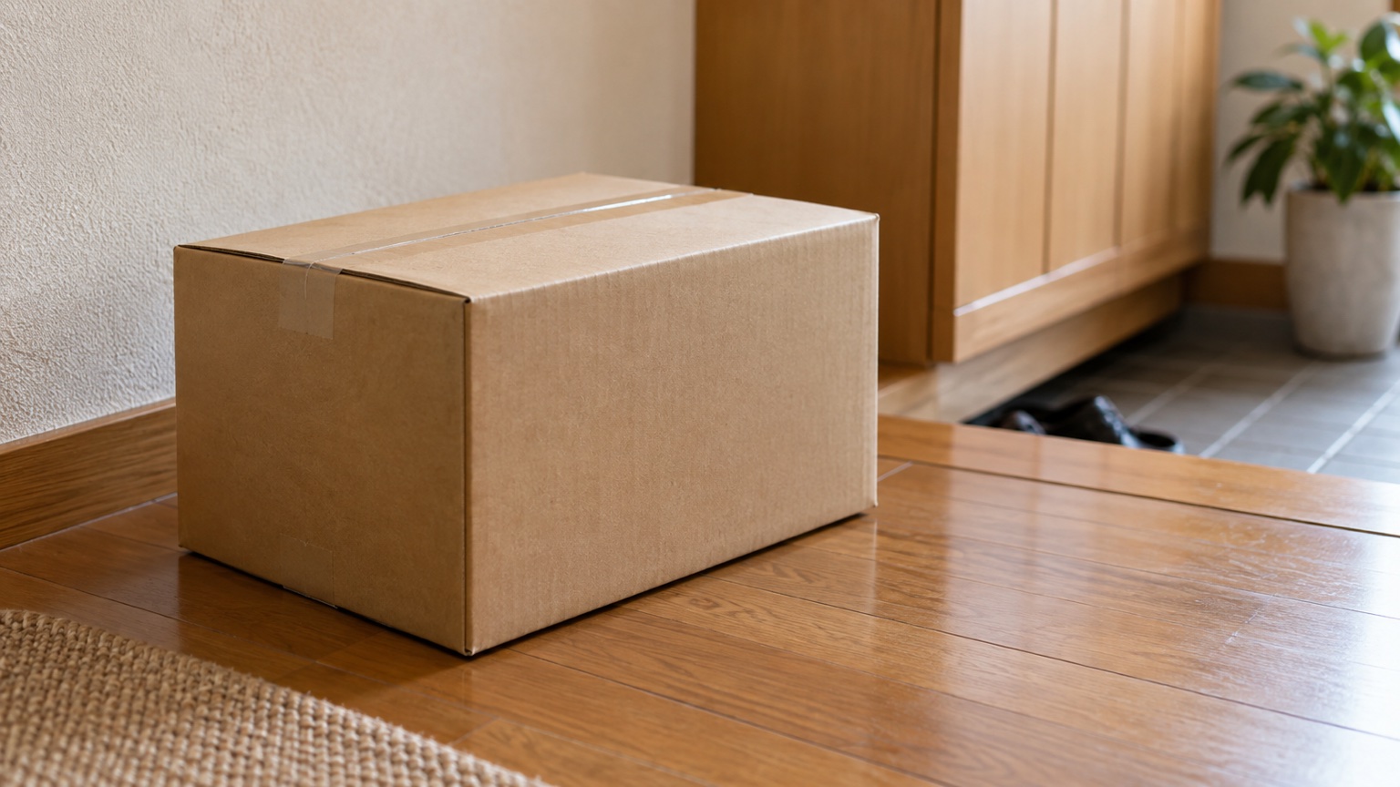 玄関先の床に置かれた、届いたばかりの段ボール箱