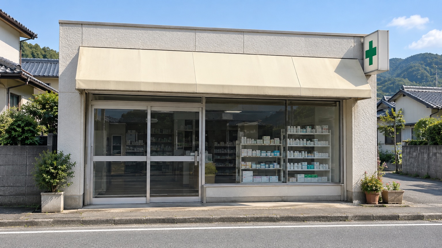 週末で閉まった、町の薬局のガラス戸と棚