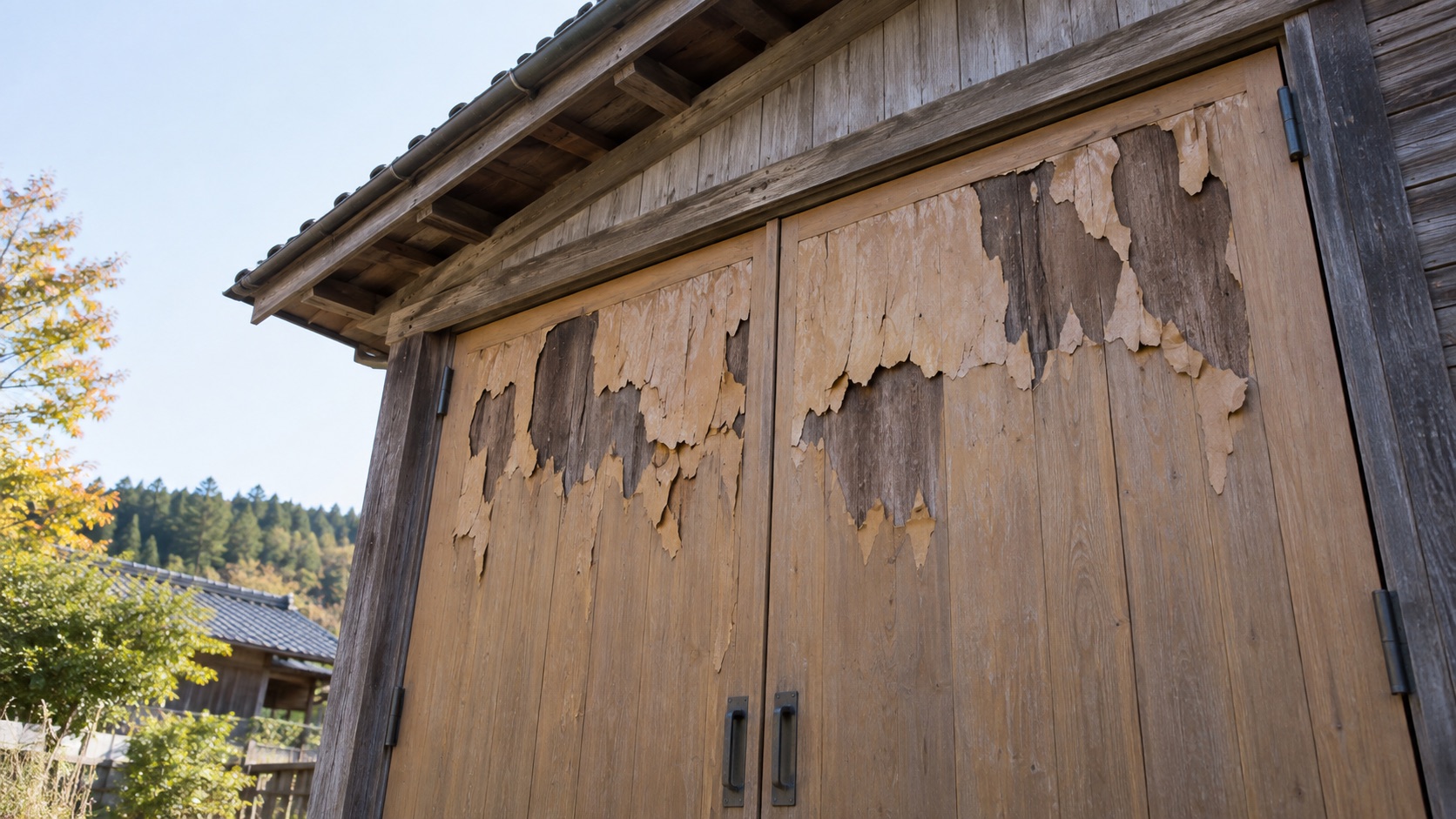 見上げる高さで表面が剥がれた、古い小屋の木の扉
