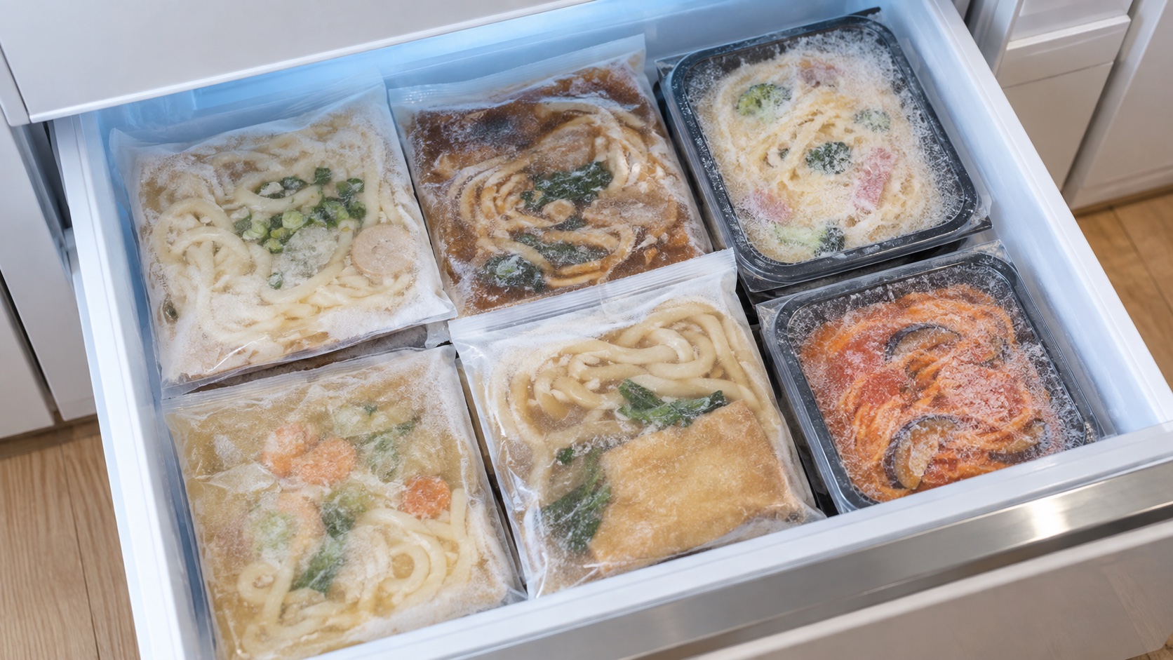 冷凍庫の引き出しに並ぶ、スープ付きの冷凍の麺と冷凍パスタ