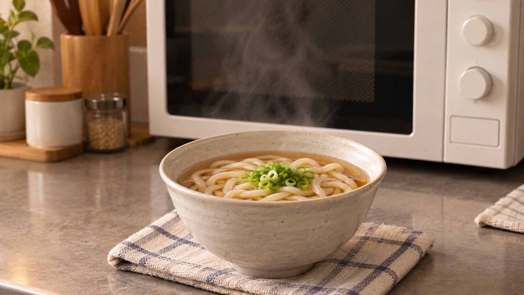 電子レンジの前に置いた、湯気の立つうどんの器