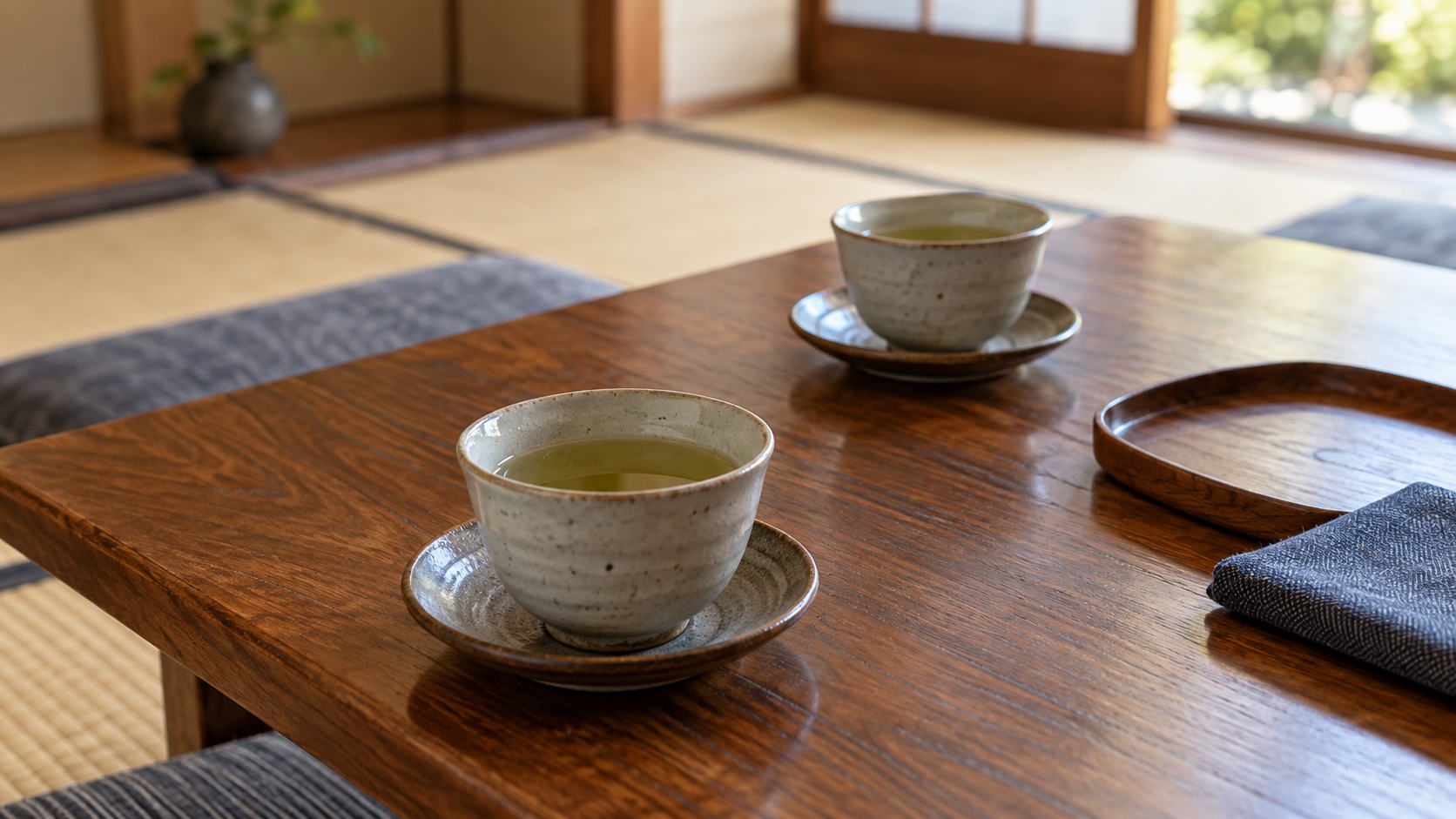 訪問のあと低い机に残った二つの湯のみ