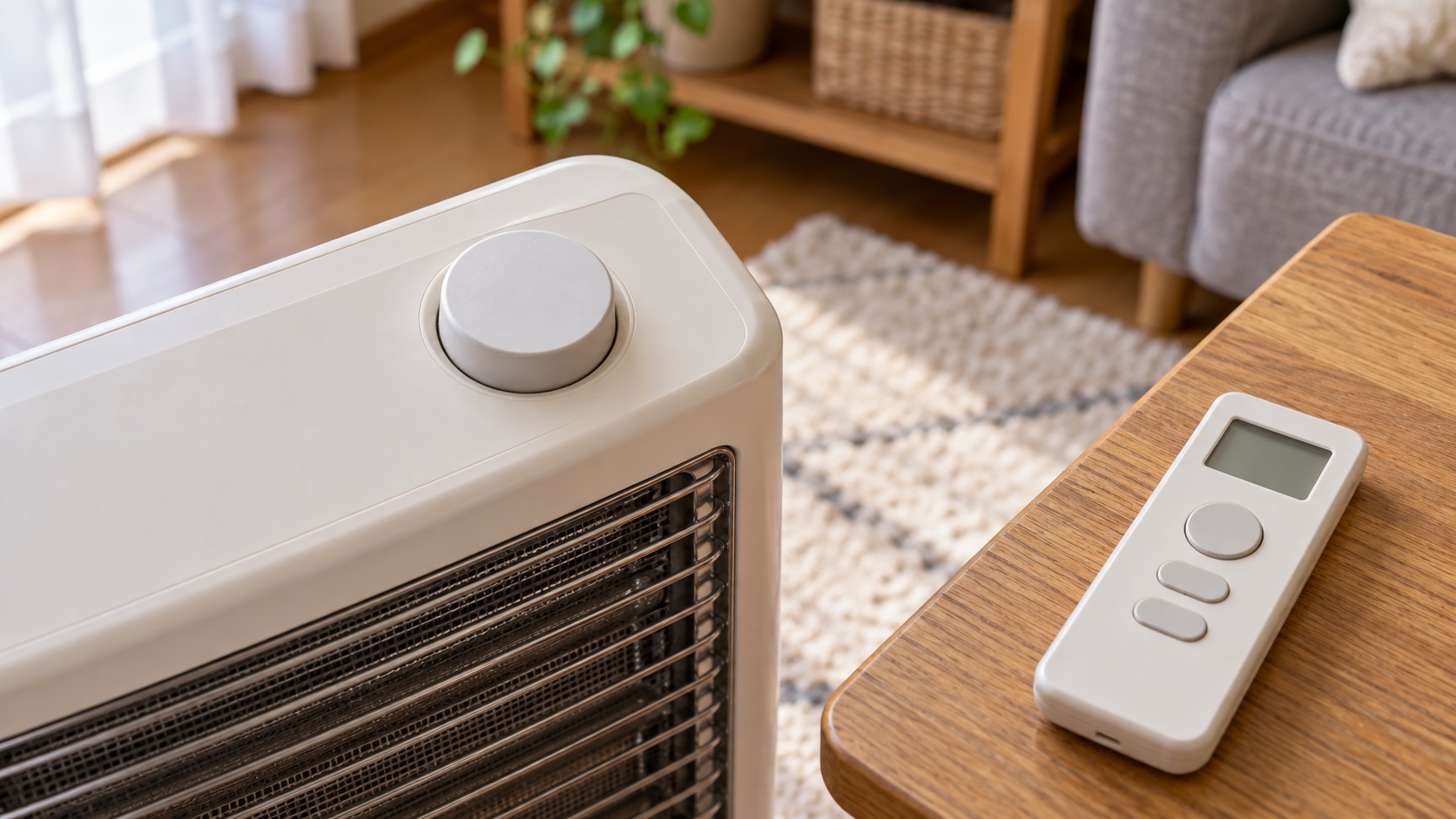 暖房器具の天面にある丸いダイヤルと、ボタンの少ない古いリモコン
