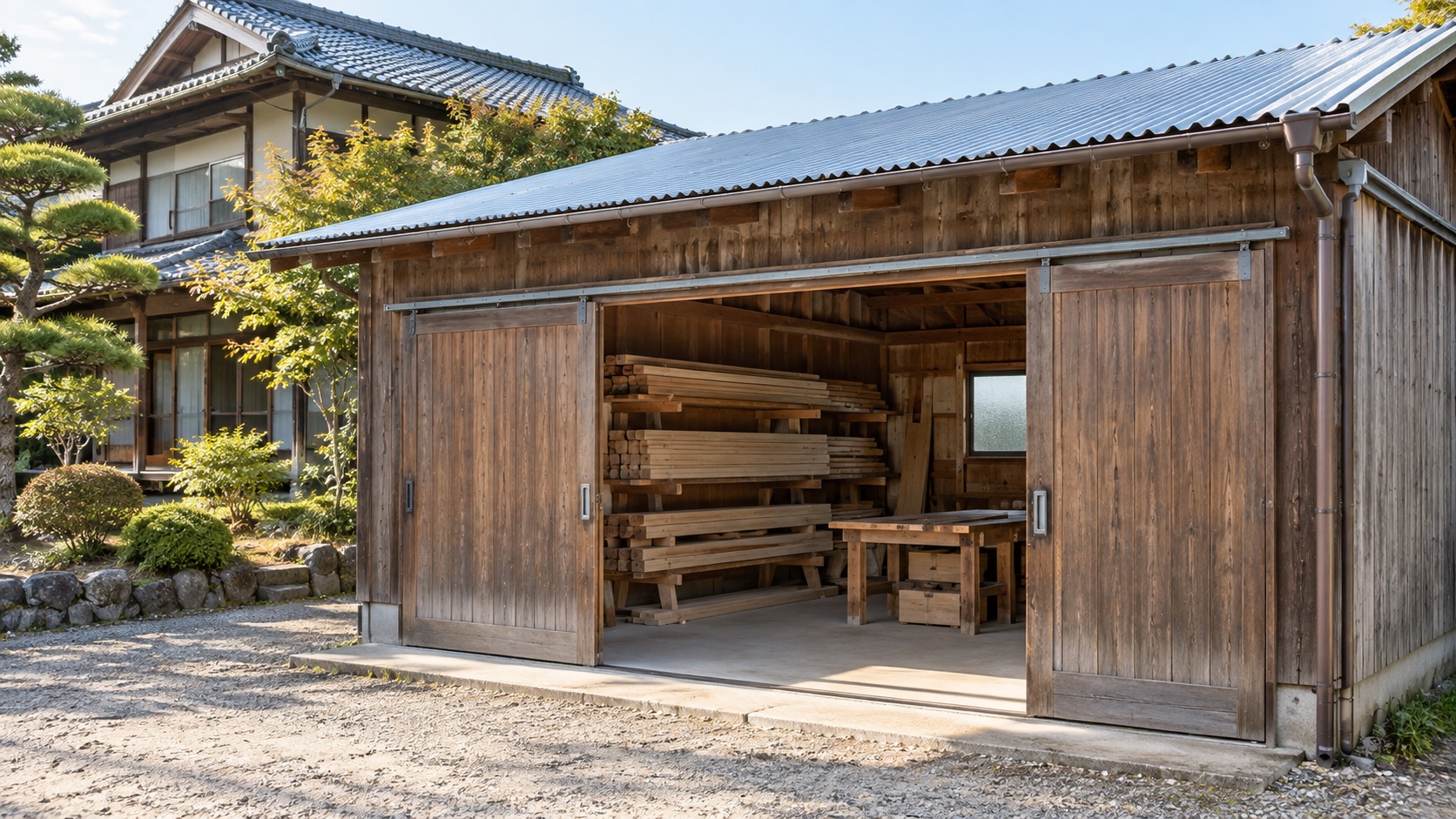 ほどよい量の材木を棚に収めた、トタン屋根の浅い木造大工作業場