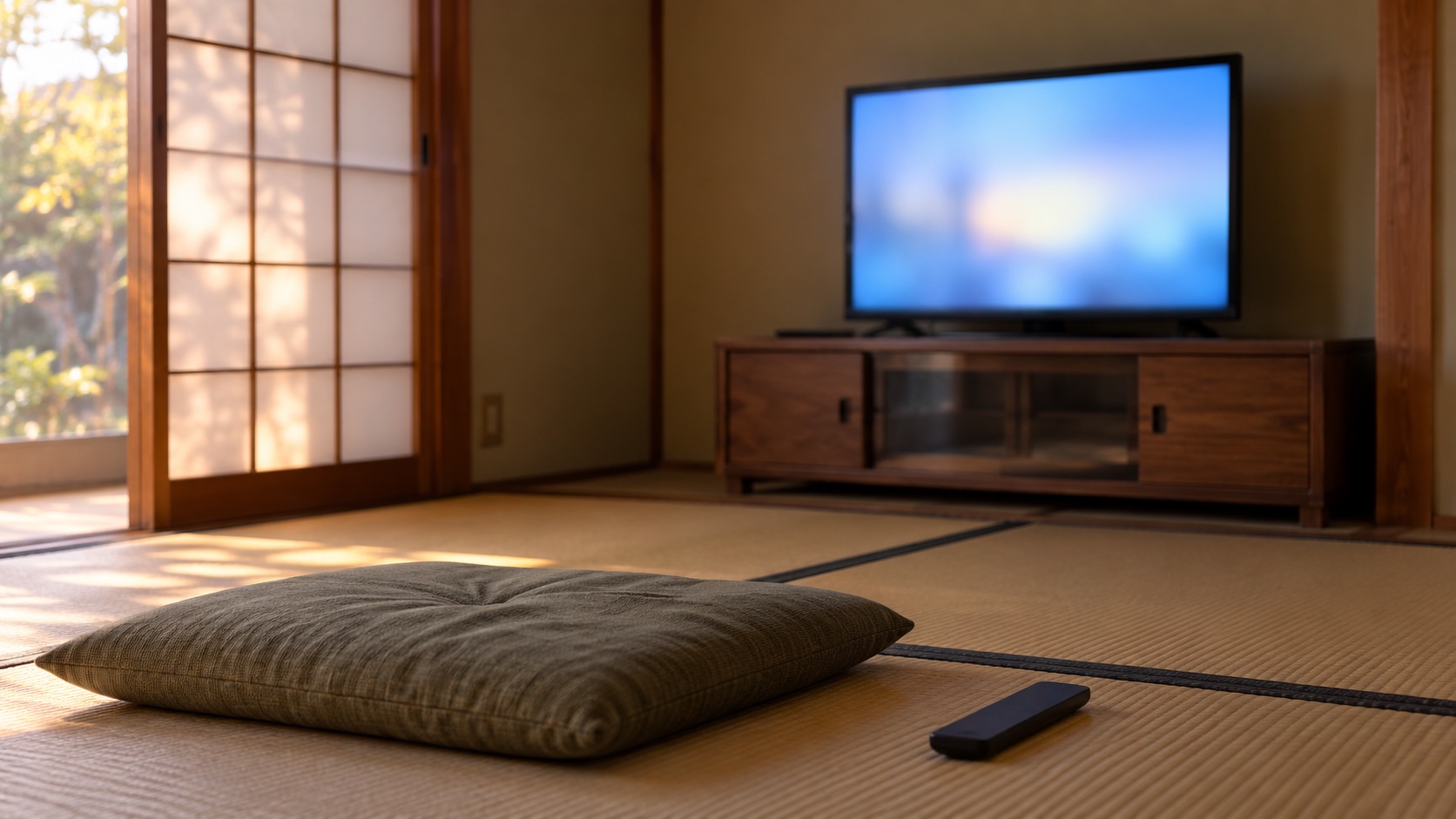 座布団一枚の正面に置かれた、実家の居間の小さなテレビ