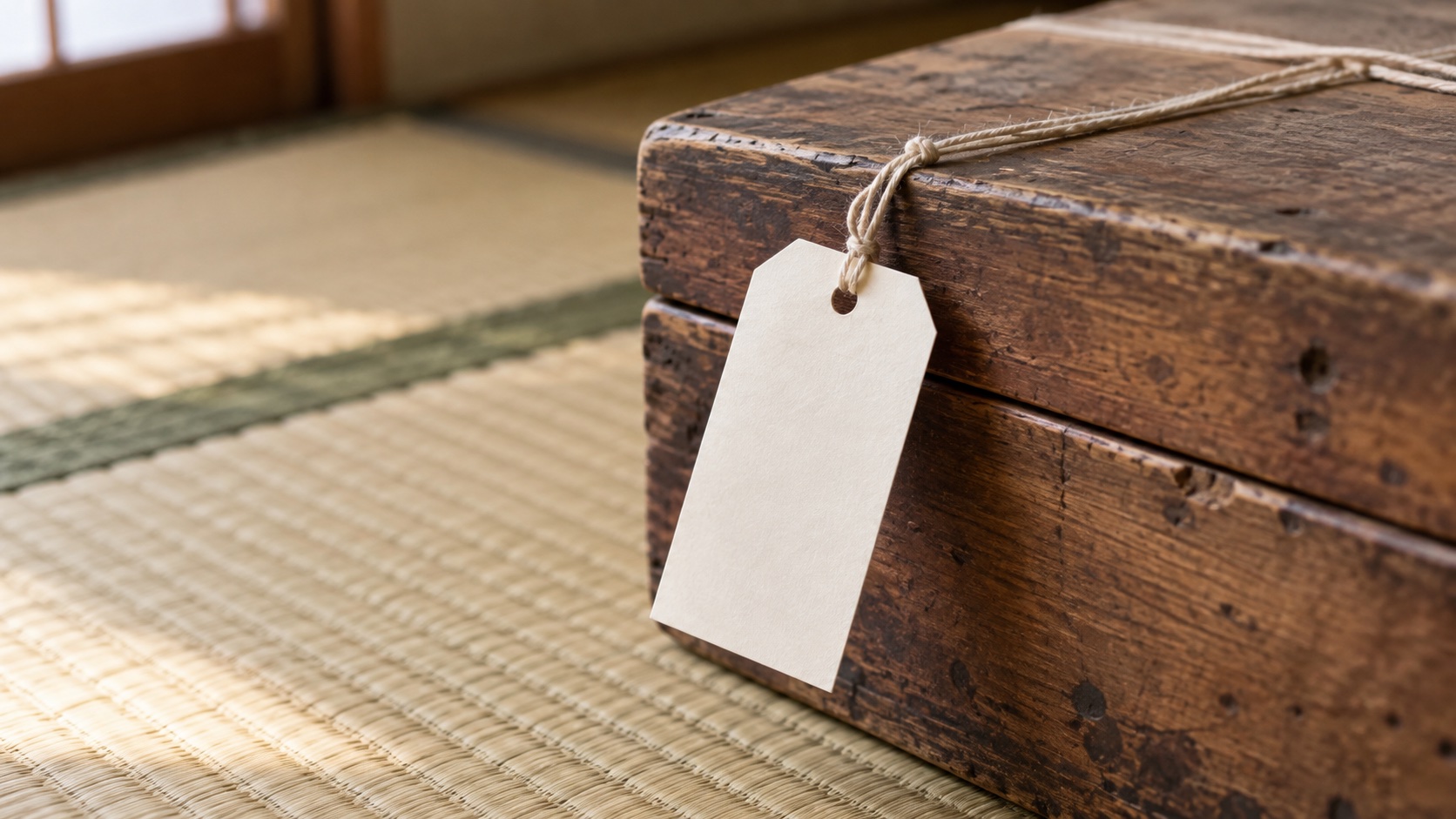 木箱に結んだ、何も書かれていない白い荷札