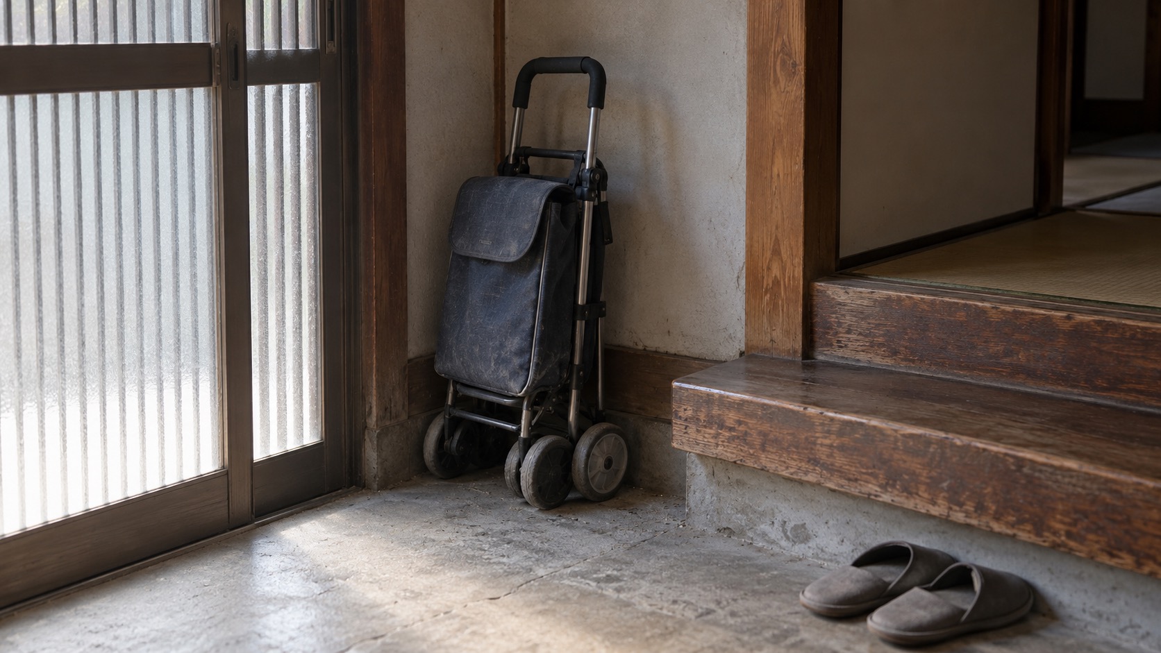 玄関の隅に畳んだまま置かれた、軽い手押し車