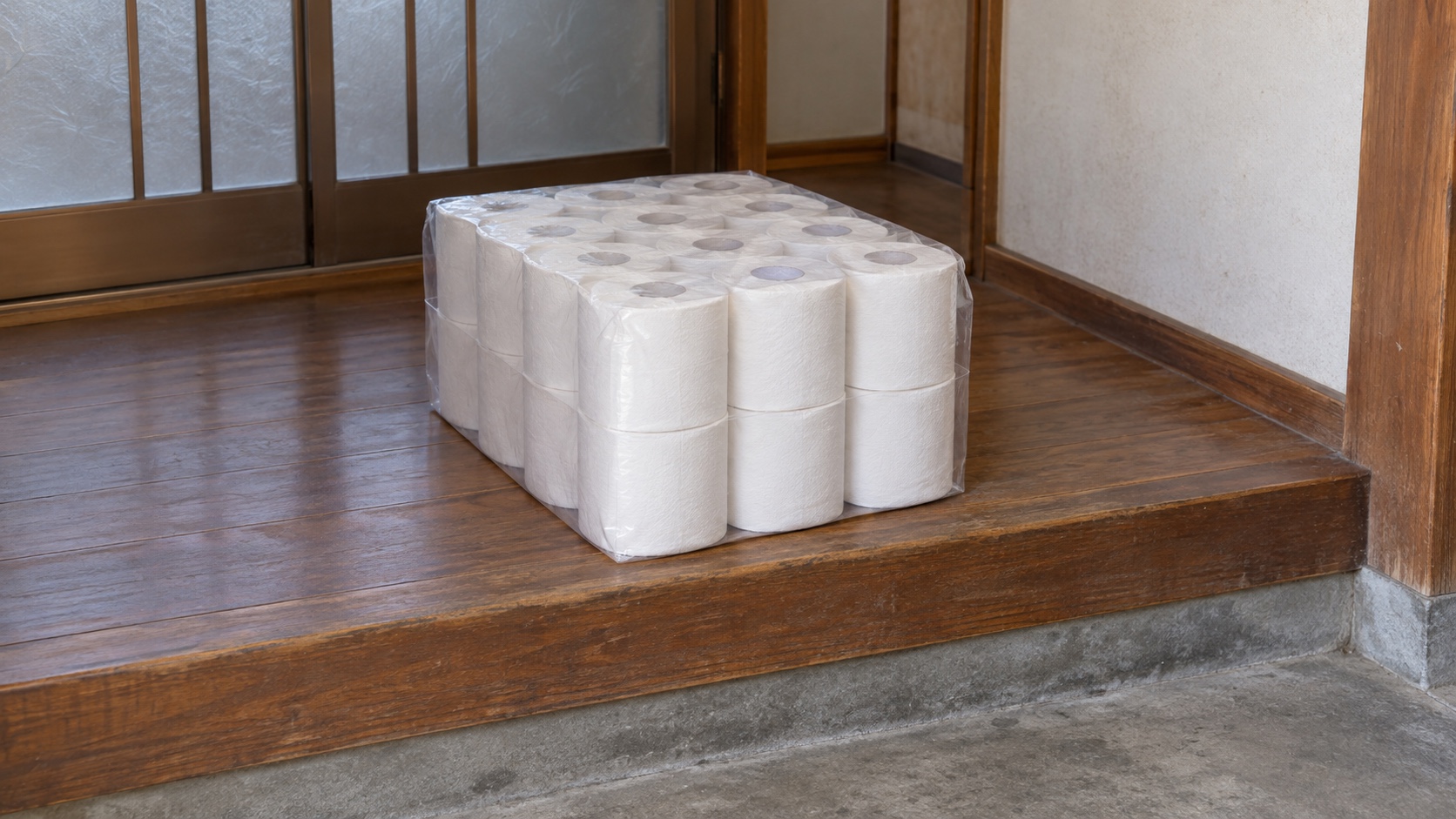 玄関の土間に届いた、大きな包装のトイレットペーパー