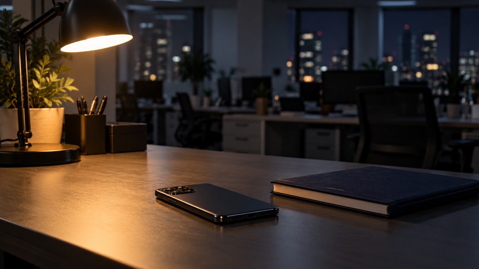 夜の職場の机に伏せて置いた携帯電話と閉じたノート