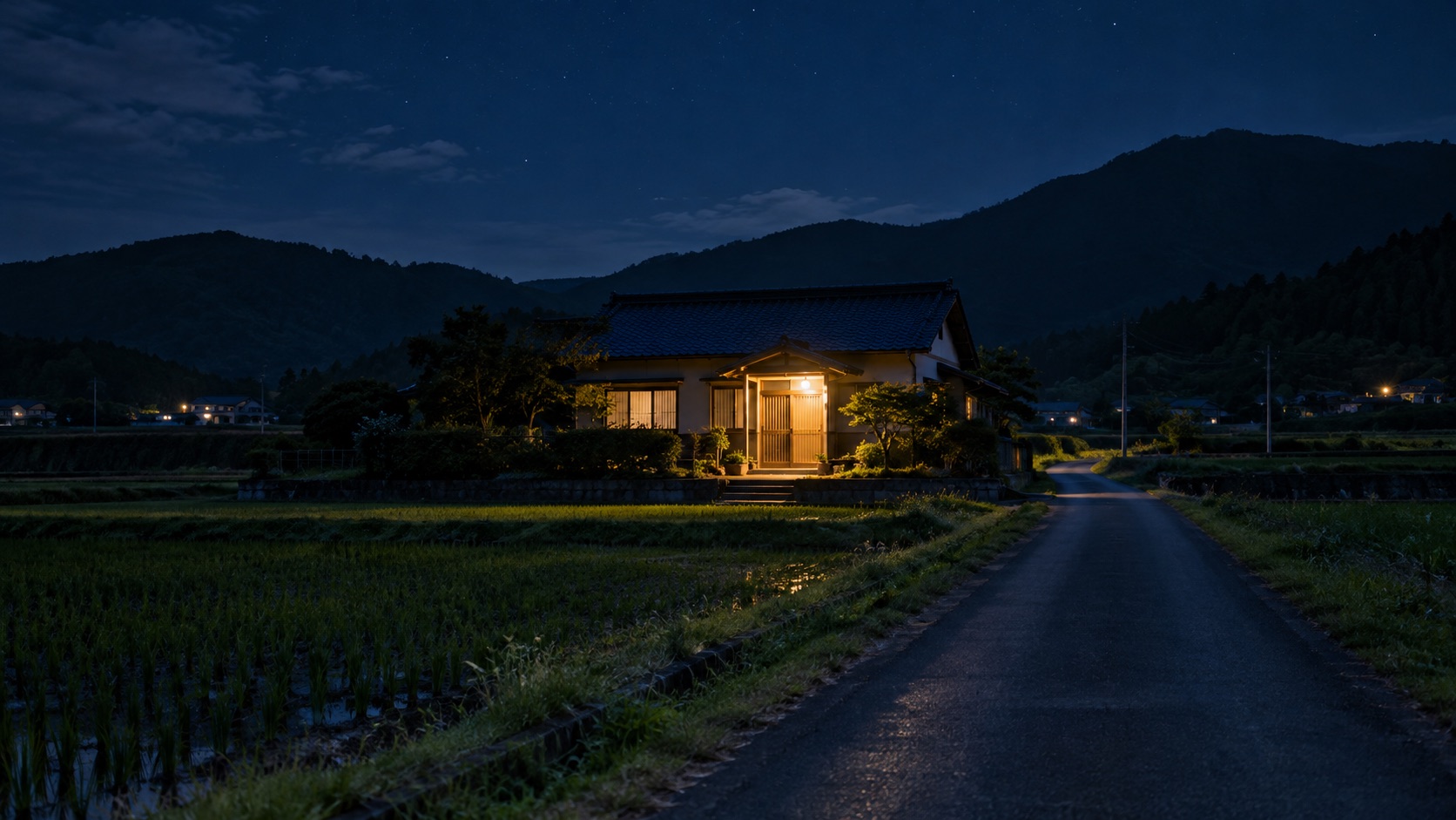 夜、玄関灯のともる田舎の一軒家