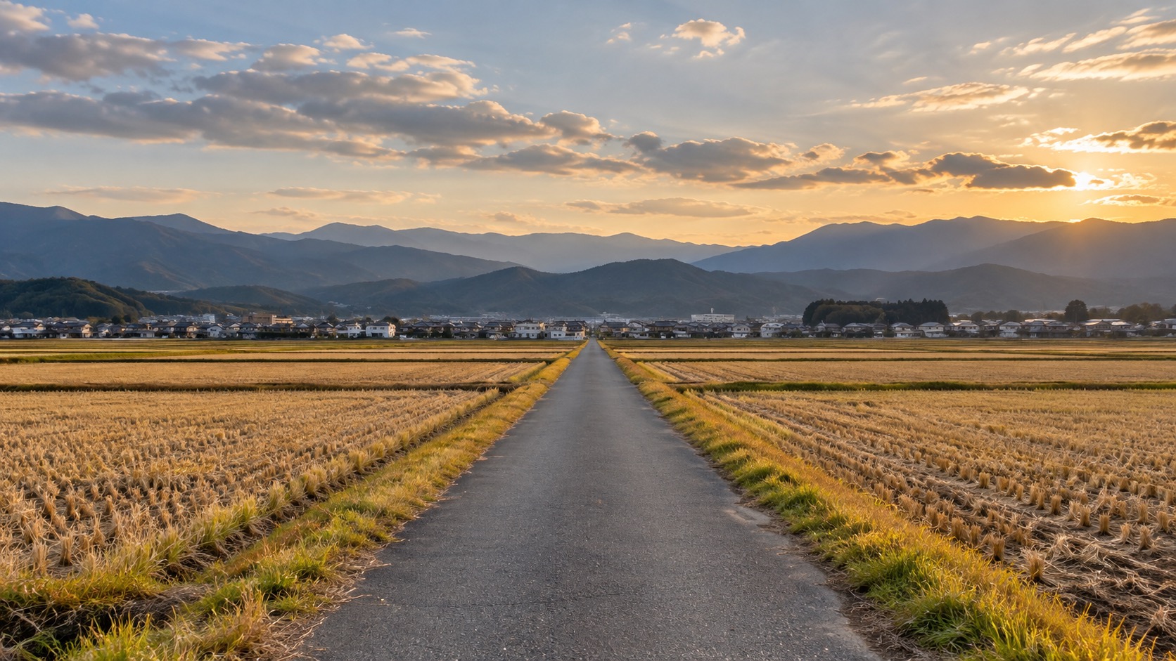 田んぼの間を遠くの町へ延びる田舎道