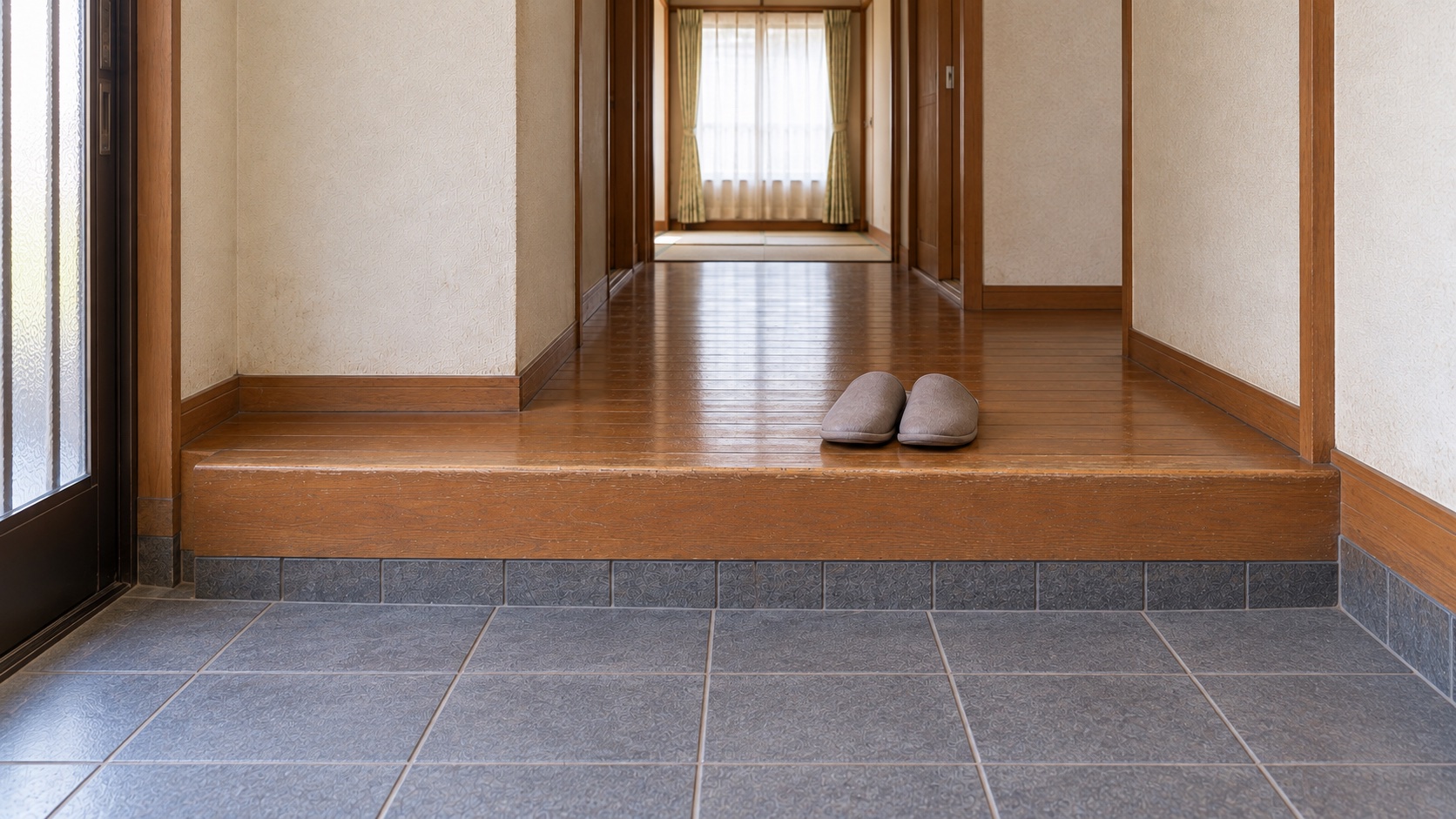 玄関の低い上がり框に置いた室内履き