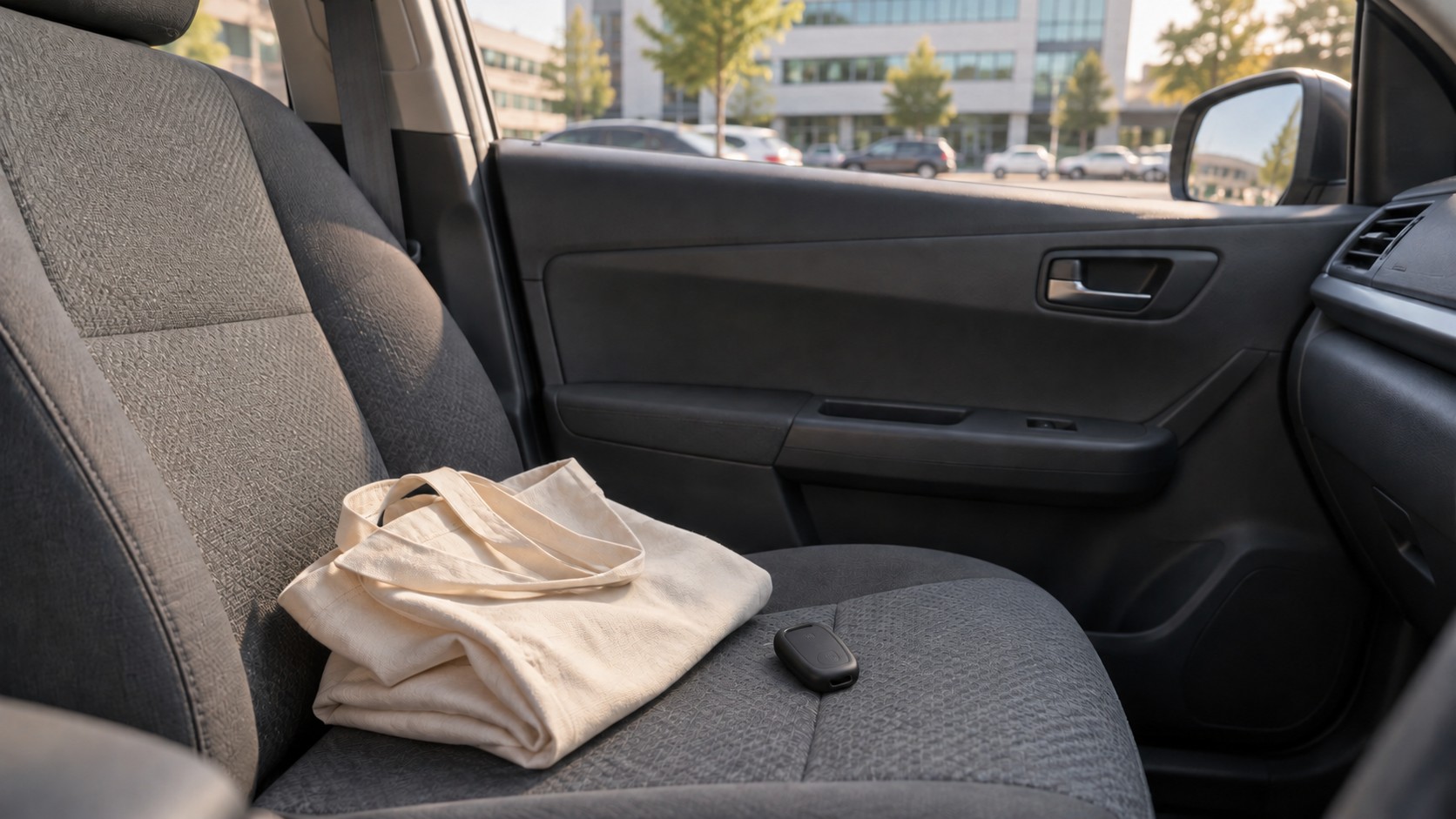 会社の駐車場に停めた車の助手席に置いた、買い物袋と車の鍵