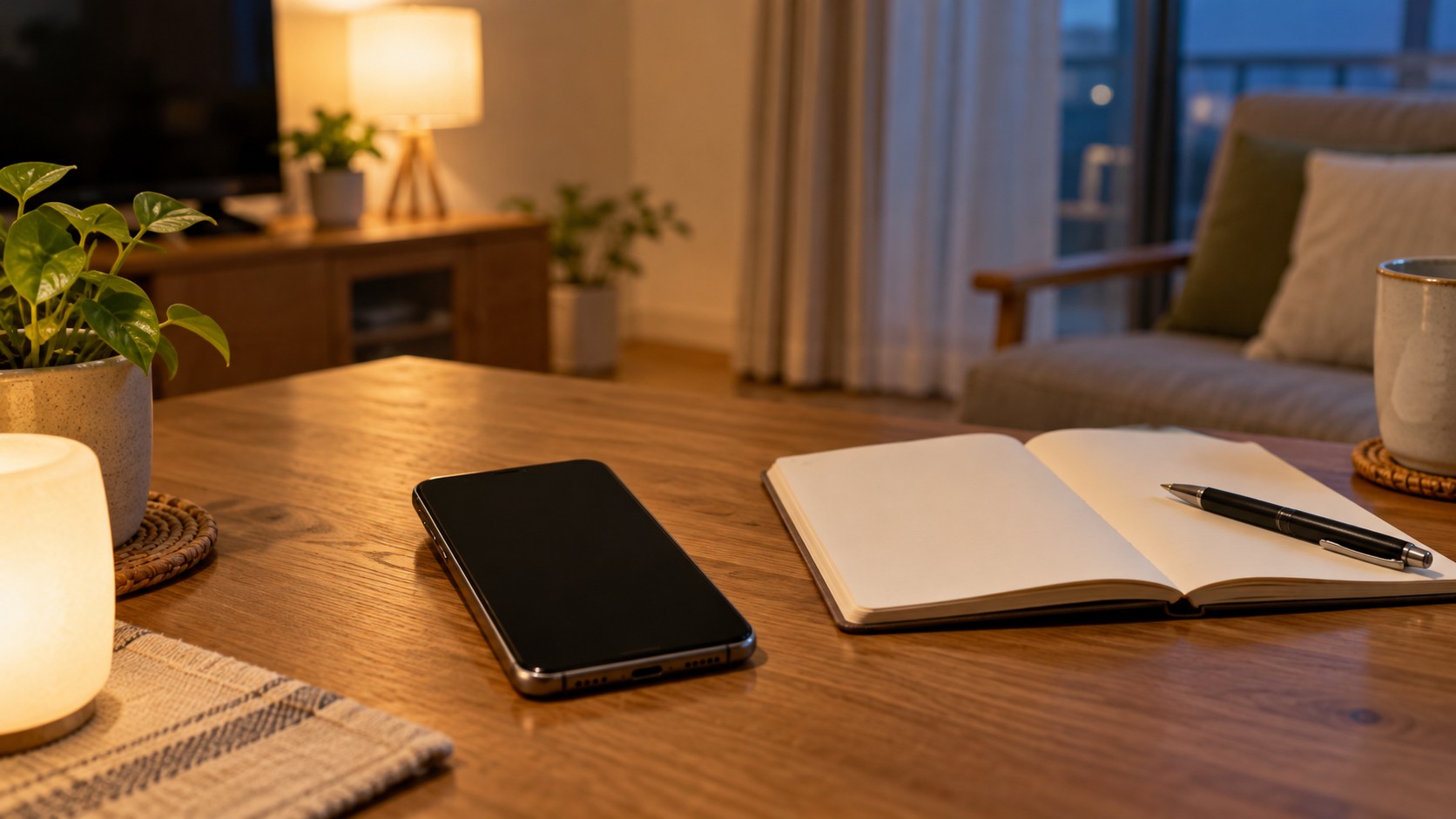 テーブルに置いた携帯電話と、開いた手帳