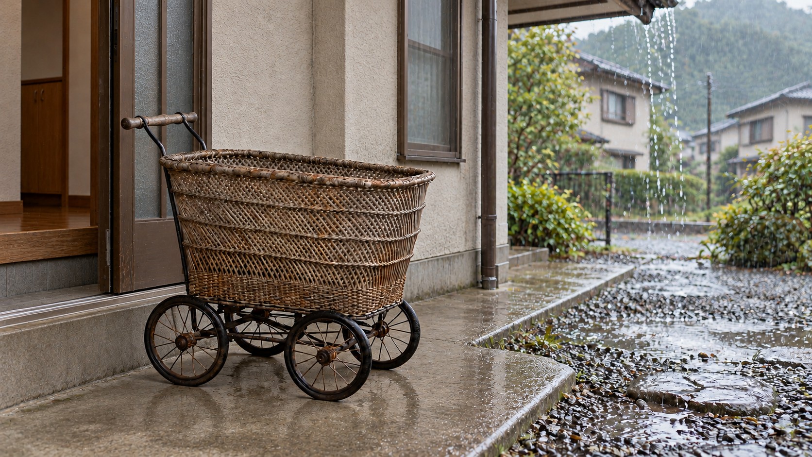 雨の日、軒下に止めたままの乳母車