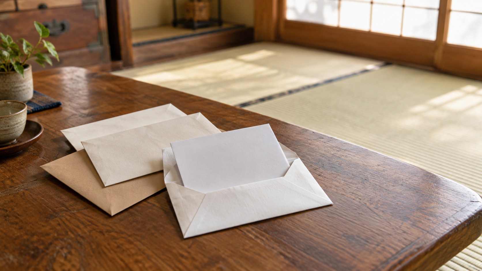 実家の座卓に置いた封筒と、開けてみた白い書類